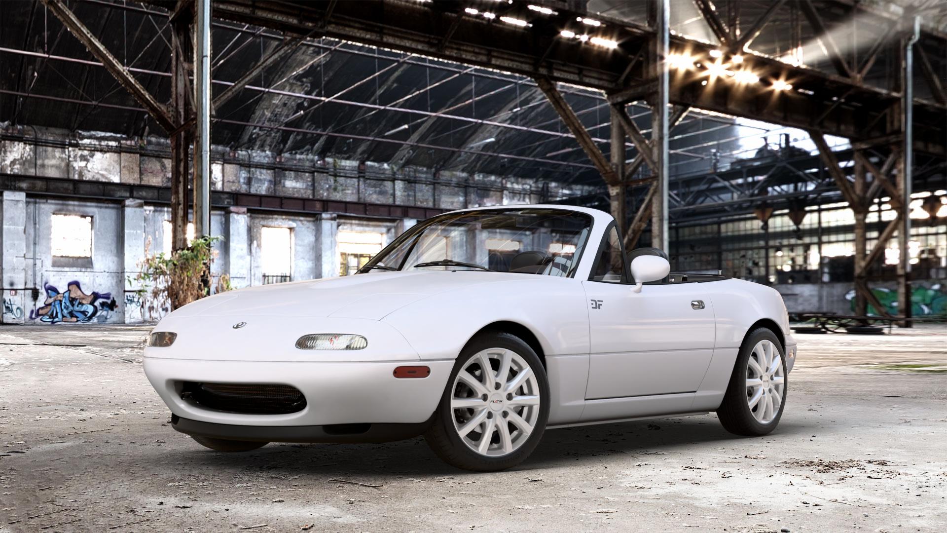 Platin Wheels P 69 polarsilber Felge mit Reifen in 15Zoll Winterfelge Alufelge auf weissem Mazda MX-5 I (NA) ⬇️ mit 15mm Tieferlegung ⬇️ Old Industrial Hall_max_4400mm_2024 Frontansicht_1