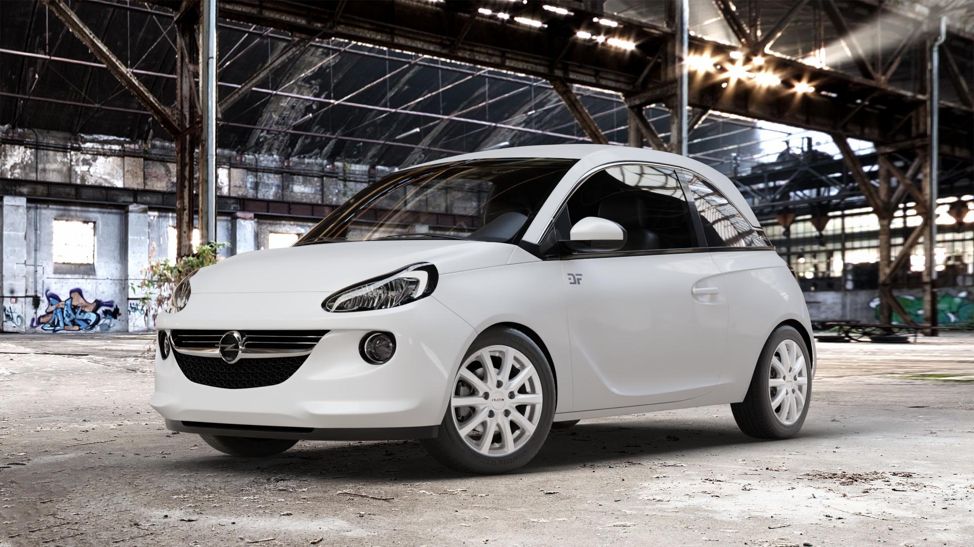 Platin Wheels P 69 polarsilber Felge mit Reifen in 15Zoll Winterfelge Alufelge auf weissem Opel Adam ⬇️ mit 15mm Tieferlegung ⬇️ Old Industrial Hall_max_4400mm_2024 Frontansicht_1