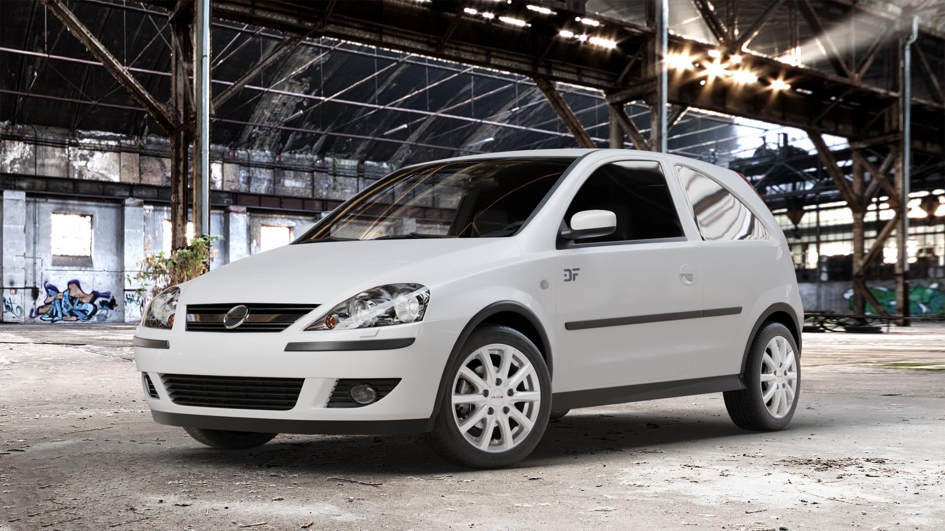 Platin Wheels P 69 polarsilber Felge mit Reifen in 15Zoll Winterfelge Alufelge auf weissem Opel Corsa C Typ CORSA-C ⬇️ mit 15mm Tieferlegung ⬇️ Old Industrial Hall_max_4400mm_2024 Frontansicht_1