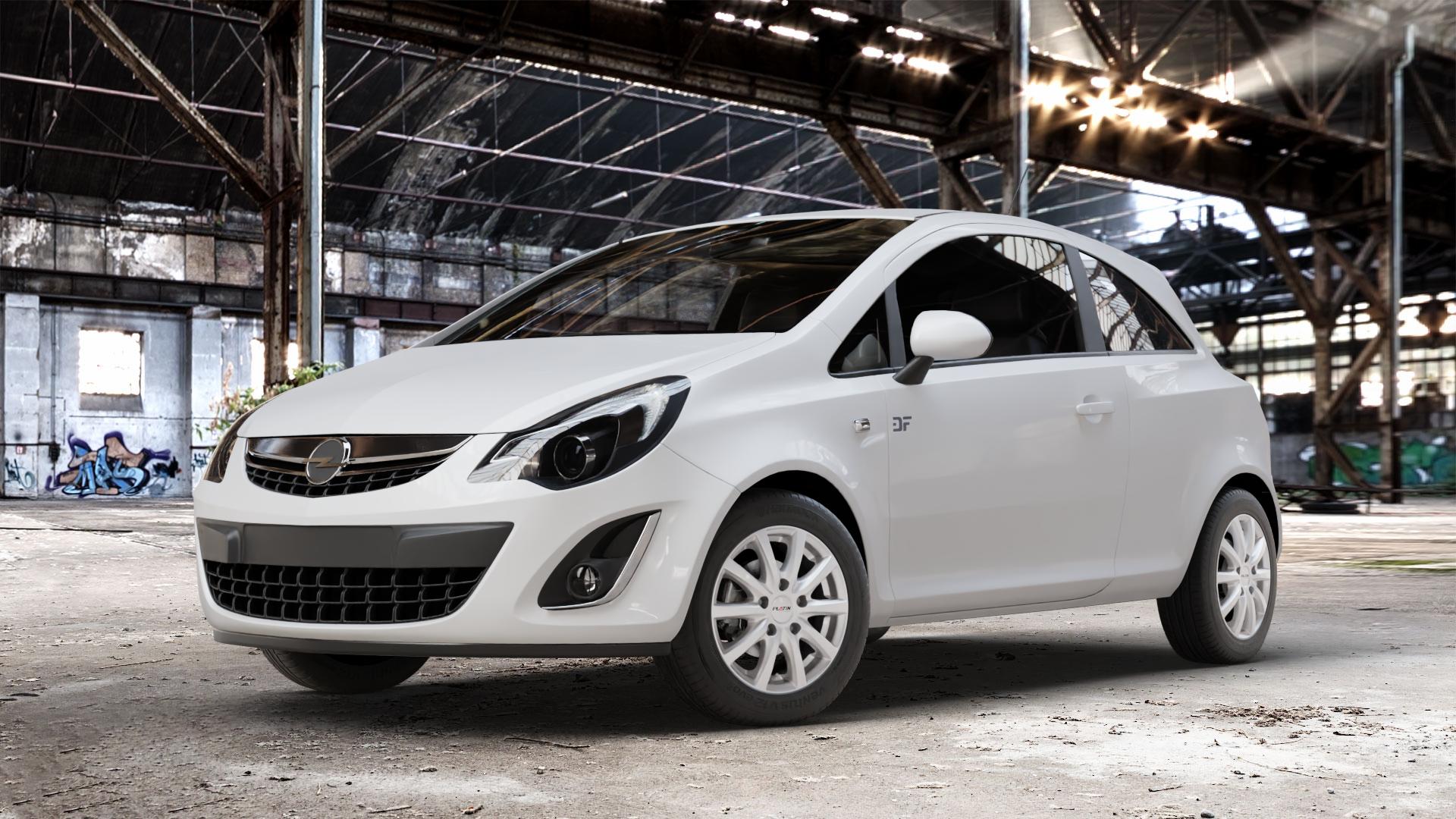 Platin Wheels P 69 polarsilber Felge mit Reifen in 15Zoll Winterfelge Alufelge auf weissem Opel Corsa D Typ S-D Facelift ⬇️ mit 15mm Tieferlegung ⬇️ Old Industrial Hall_max_4400mm_2024 Frontansicht_1