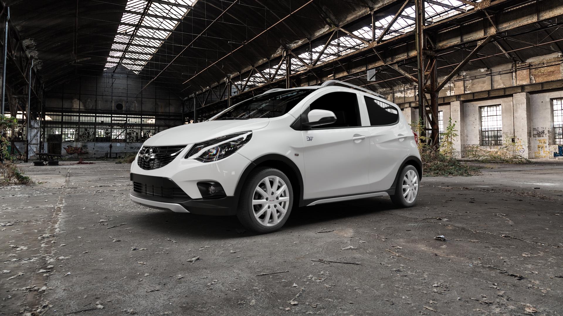 Platin Wheels P 69 polarsilber Felge mit Reifen in 15Zoll Winterfelge Alufelge auf weissem Opel Karl Rocks Typ D-A ⬇️ mit 15mm Tieferlegung ⬇️ Old Industrial Hall_max5000mm_2022 Frontansicht_1
