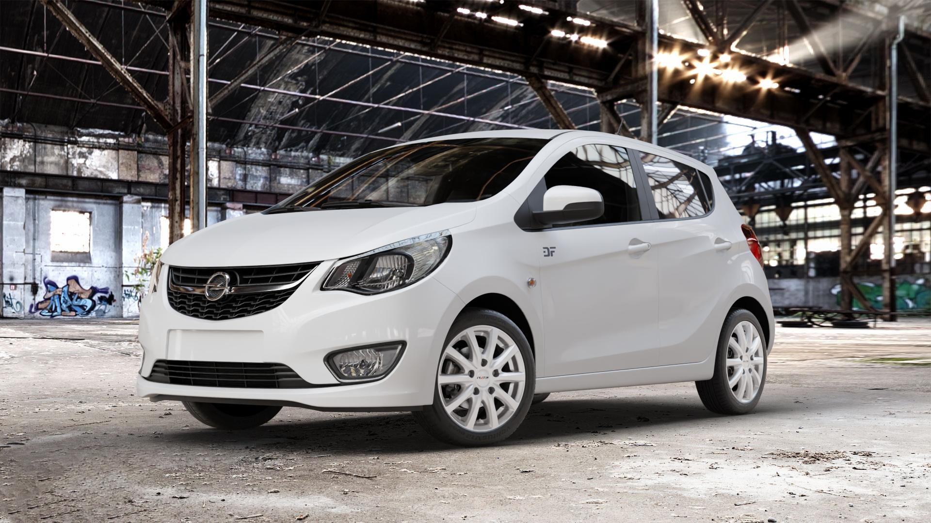 Platin Wheels P 69 polarsilber Felge mit Reifen in 15Zoll Winterfelge Alufelge auf weissem Opel Karl Typ D-A ⬇️ mit 15mm Tieferlegung ⬇️ Old Industrial Hall_max_4400mm_2024 Frontansicht_1