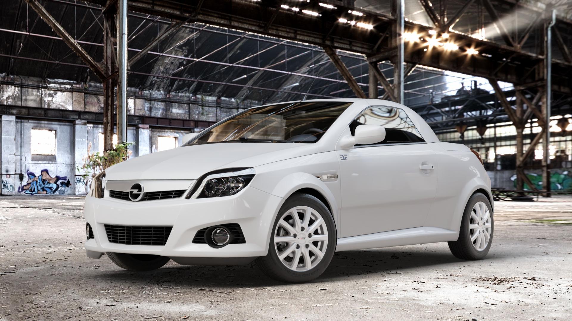 Platin Wheels P 69 polarsilber Felge mit Reifen in 15Zoll Winterfelge Alufelge auf weissem Opel Tigra B TwinTop ⬇️ mit 15mm Tieferlegung ⬇️ Old Industrial Hall_max_4400mm_2024 Frontansicht_1