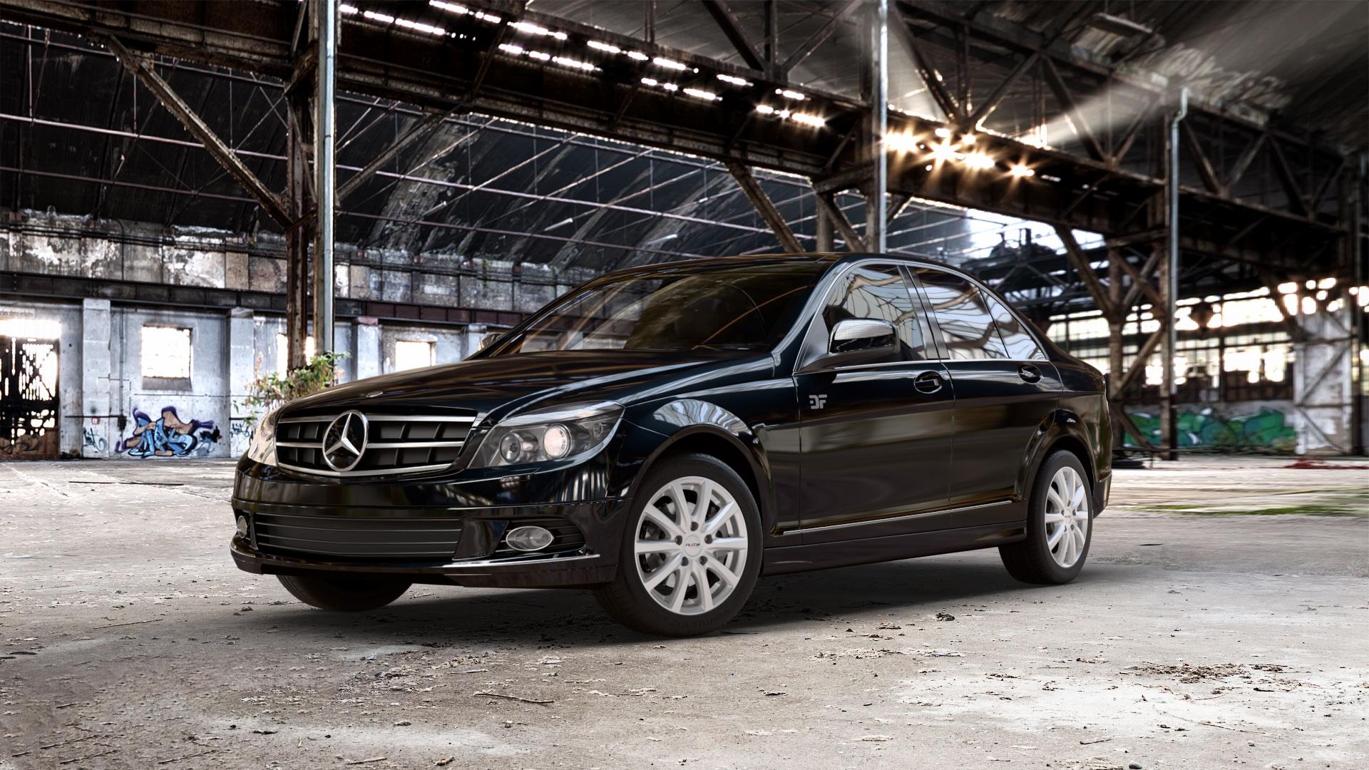 Platin Wheels P 69 polarsilber Felge mit Reifen in 16Zoll Winterfelge Alufelge auf schwarzem metallic Mercedes C-Klasse Typ W204 Limousine ⬇️ mit 15mm Tieferlegung ⬇️ Old Industrial Hall_max_5300mm_2024 Frontansicht_1