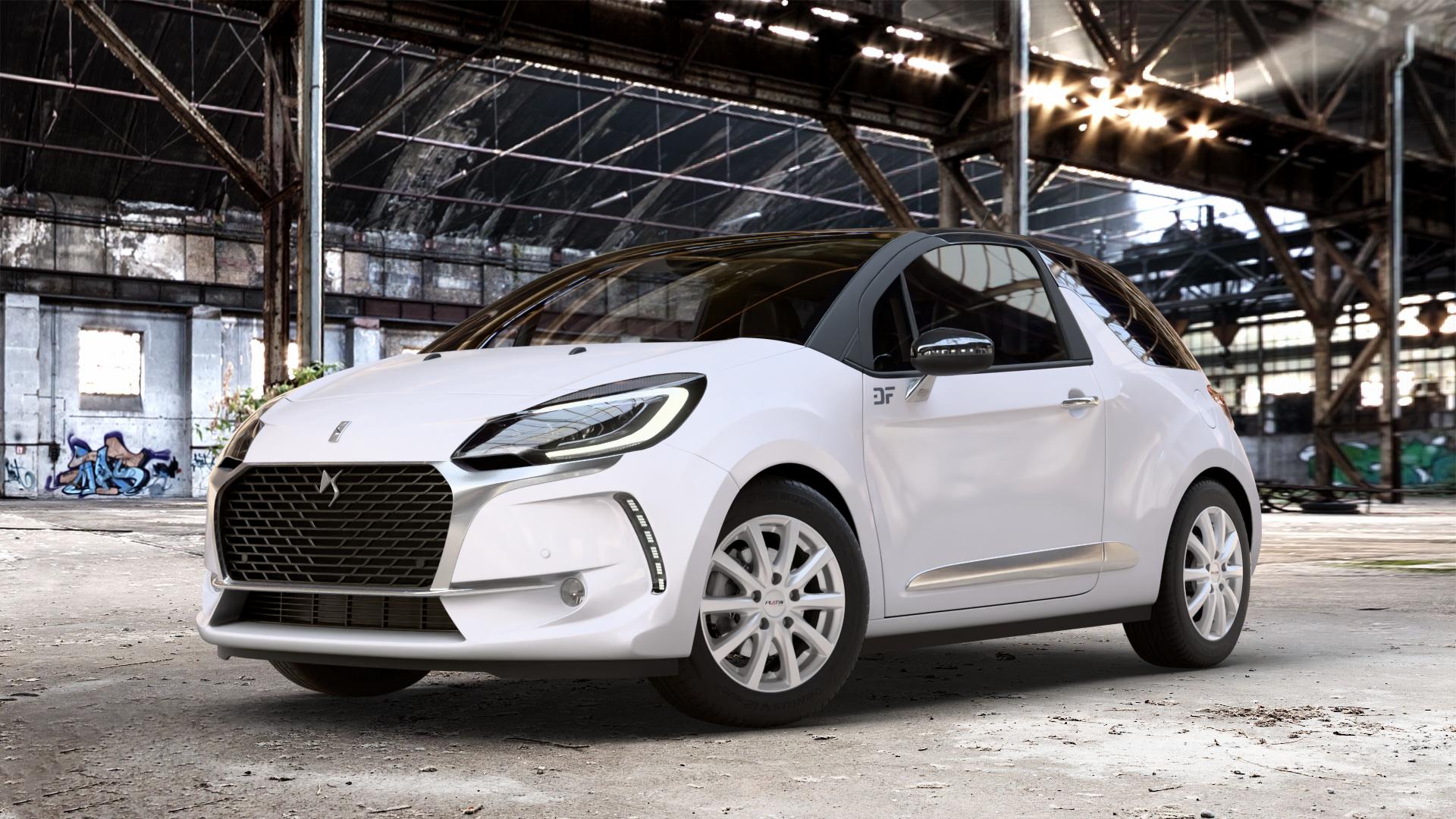 Platin Wheels P 69 polarsilber Felge mit Reifen in 16Zoll Winterfelge Alufelge auf weissem Citroen DS3 Facelift DS Automobiles Typ S ⬇️ mit 15mm Tieferlegung ⬇️ Old Industrial Hall_max_4400mm_2024 Frontansicht_1