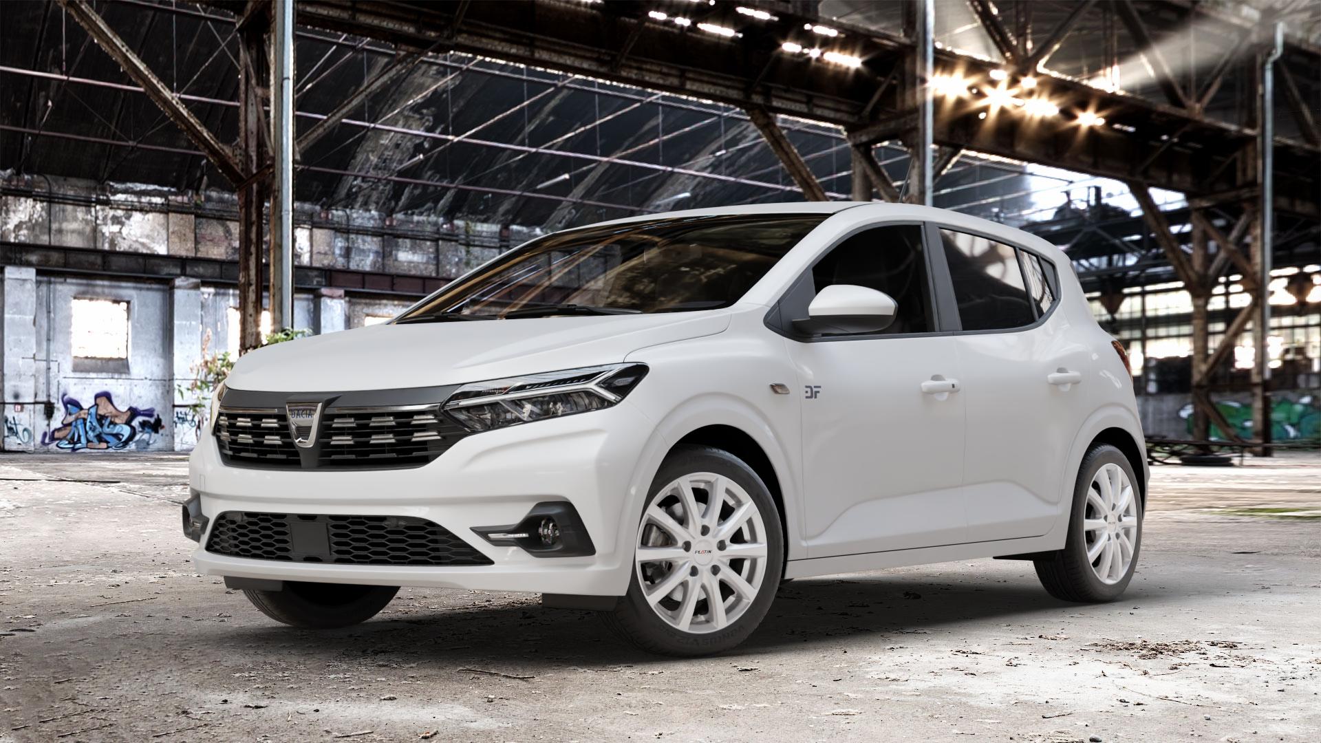Platin Wheels P 69 polarsilber Felge mit Reifen in 16Zoll Winterfelge Alufelge auf weissem Dacia Sandero III Typ DJF ⬇️ mit 15mm Tieferlegung ⬇️ Old Industrial Hall_max_4400mm_2024 Frontansicht_1