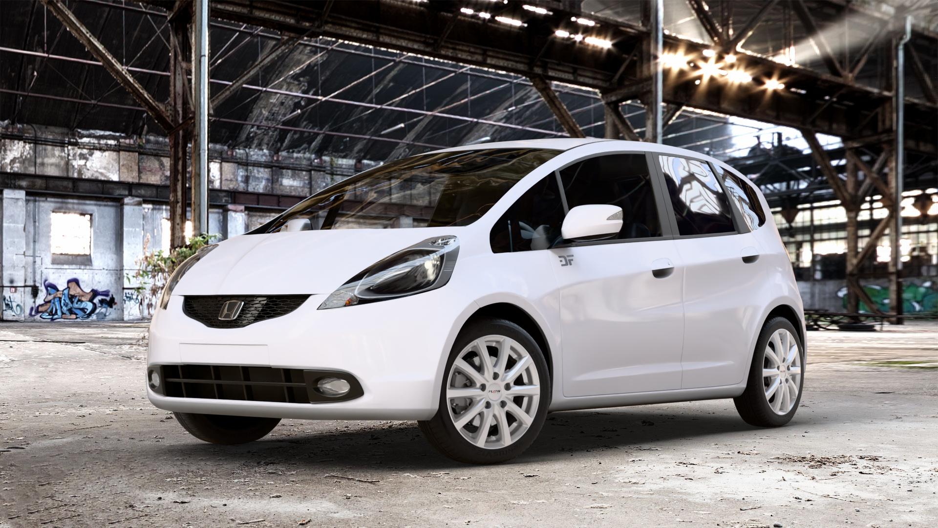 Platin Wheels P 69 polarsilber Felge mit Reifen in 16Zoll Winterfelge Alufelge auf weissem Honda Jazz III (GG, GE) 1,2l i-VTEC 66kW GG5 (90 PS) 1,4l 73kW GG6 (99 GG3 GE6 GG1 GG2 IMA Hybrid 65kW GP1 (88 ⬇️ mit 15mm Tieferlegung ⬇️ Old Industrial Hall_max_4400mm_2024 Frontansicht_1