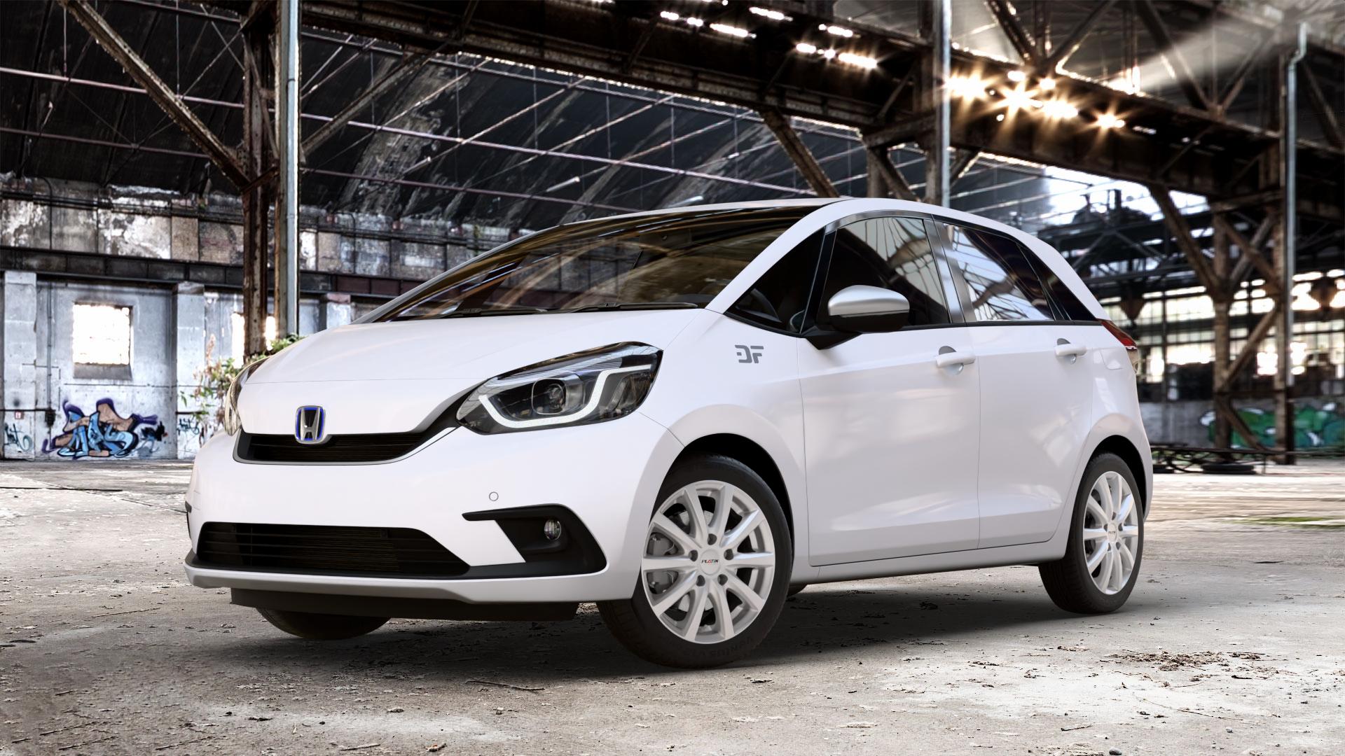Platin Wheels P 69 polarsilber Felge mit Reifen in 16Zoll Winterfelge Alufelge auf weissem Honda Jazz V (GR) ⬇️ mit 15mm Tieferlegung ⬇️ Old Industrial Hall_max_4400mm_2024 Frontansicht_1