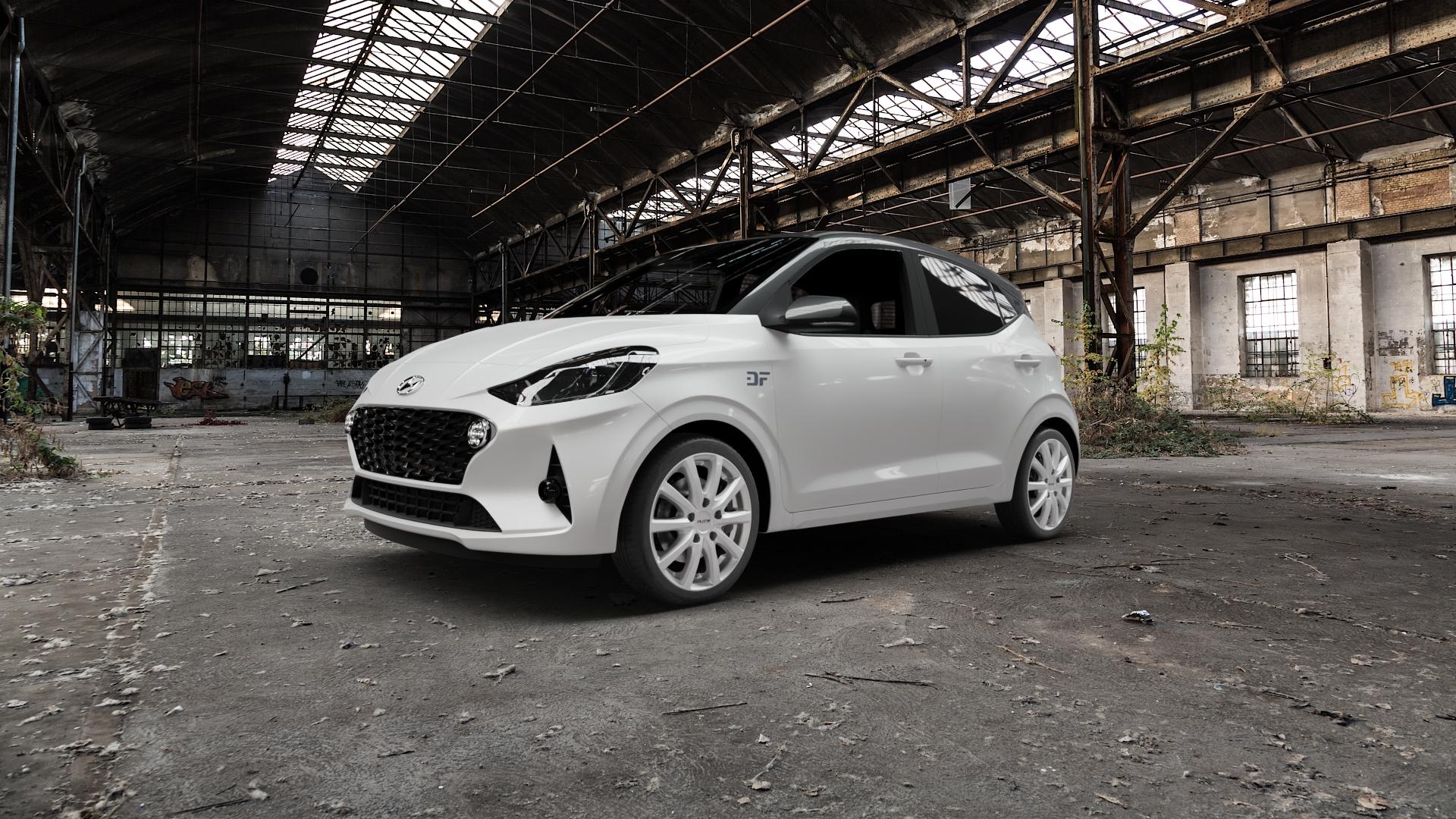 Platin Wheels P 69 polarsilber Felge mit Reifen in 16Zoll Winterfelge Alufelge auf weissem Hyundai i10 Typ AC3 ⬇️ mit 15mm Tieferlegung ⬇️ Old Industrial Hall_max5000mm_2022 Frontansicht_1