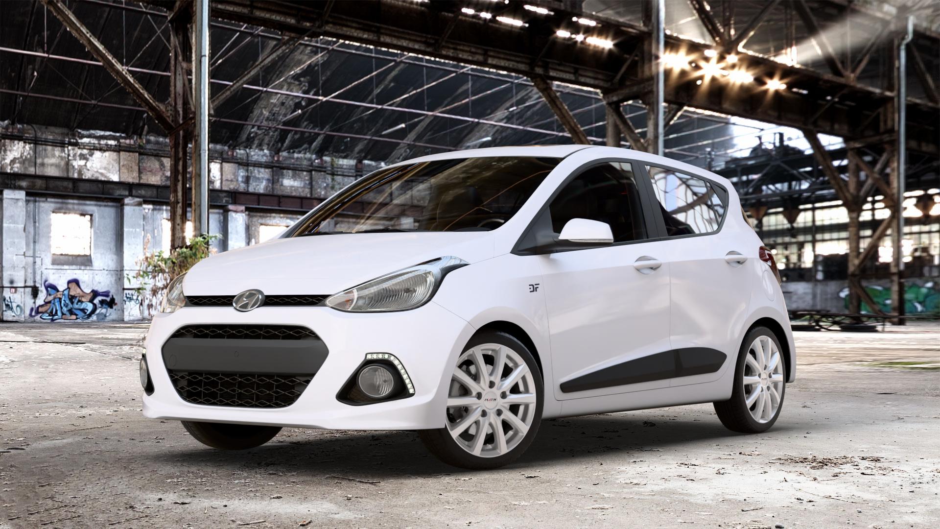 Platin Wheels P 69 polarsilber Felge mit Reifen in 16Zoll Winterfelge Alufelge auf weissem Hyundai i10 Typ IA ⬇️ mit 15mm Tieferlegung ⬇️ Old Industrial Hall_max_4400mm_2024 Frontansicht_1