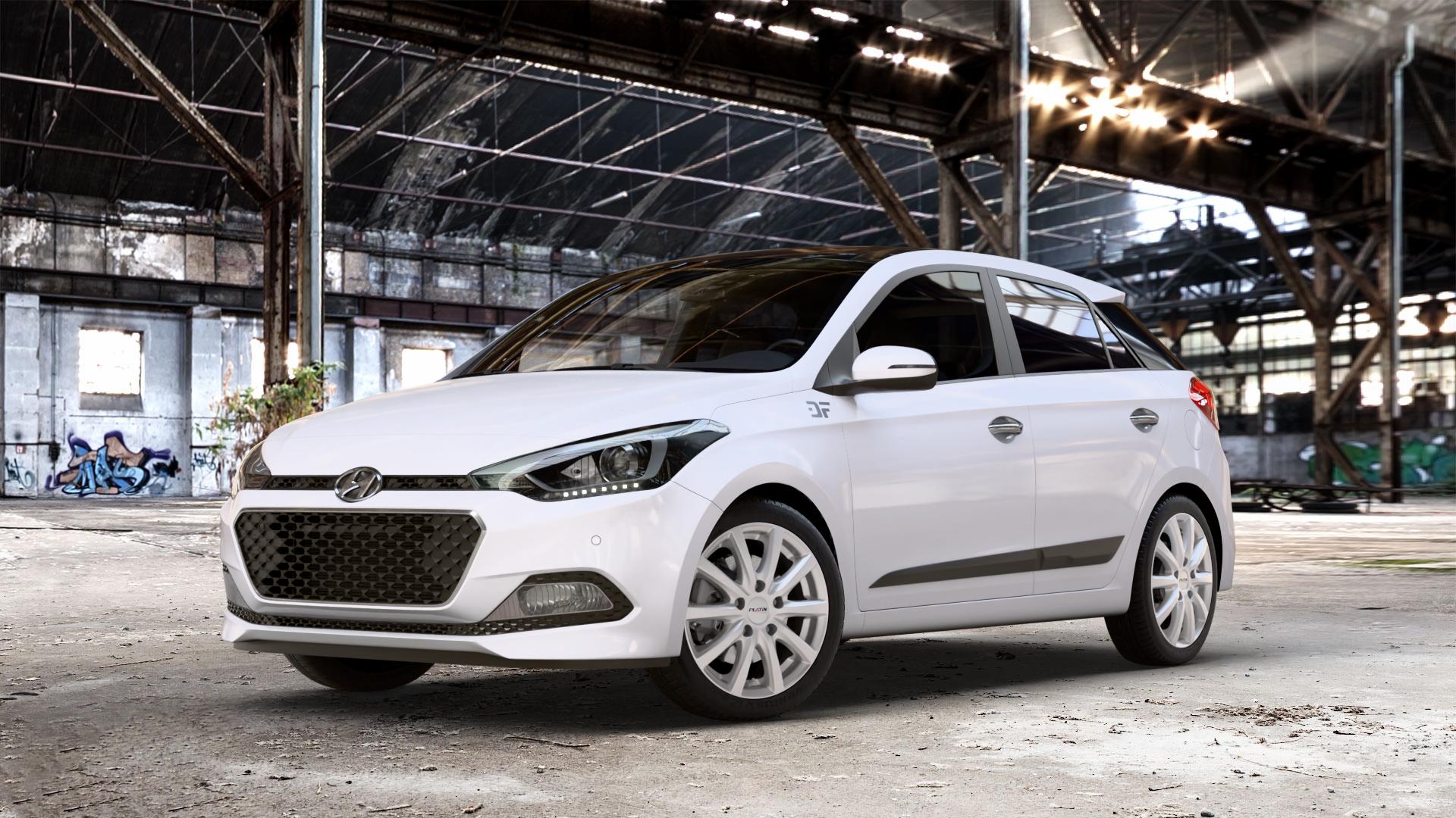 Platin Wheels P 69 polarsilber Felge mit Reifen in 16Zoll Winterfelge Alufelge auf weissem Hyundai i20 Typ GB Coupe Facelift ⬇️ mit 15mm Tieferlegung ⬇️ Old Industrial Hall_max_4400mm_2024 Frontansicht_1