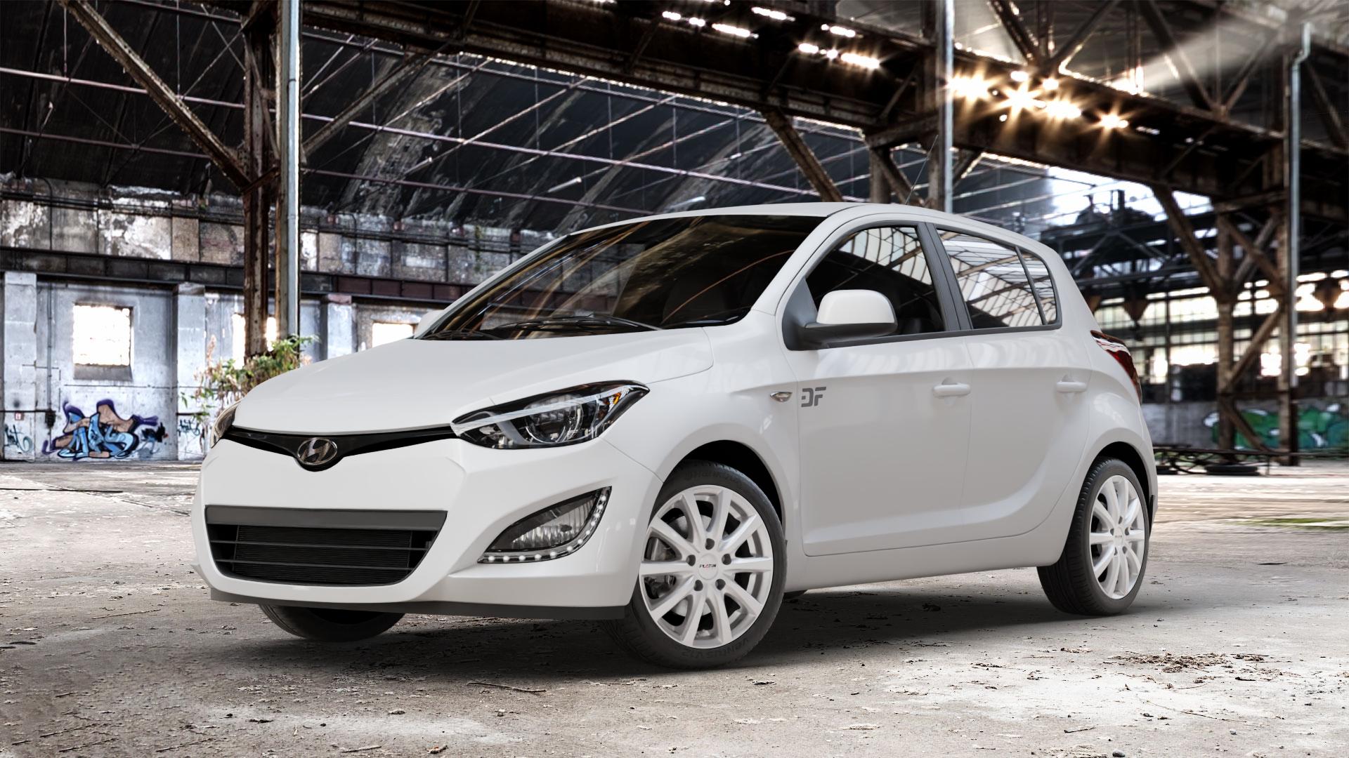 Platin Wheels P 69 polarsilber Felge mit Reifen in 16Zoll Winterfelge Alufelge auf weissem Hyundai i20 Typ PB, PBT Facelift (12->) ⬇️ mit 15mm Tieferlegung ⬇️ Old Industrial Hall_max_4400mm_2024 Frontansicht_1