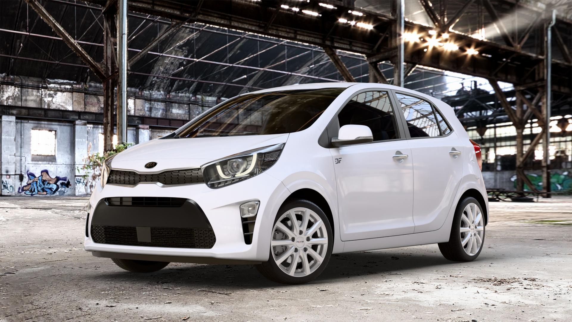Platin Wheels P 69 polarsilber Felge mit Reifen in 16Zoll Winterfelge Alufelge auf weissem Kia Picanto III Typ JA ⬇️ mit 15mm Tieferlegung ⬇️ Old Industrial Hall_max_4400mm_2024 Frontansicht_1