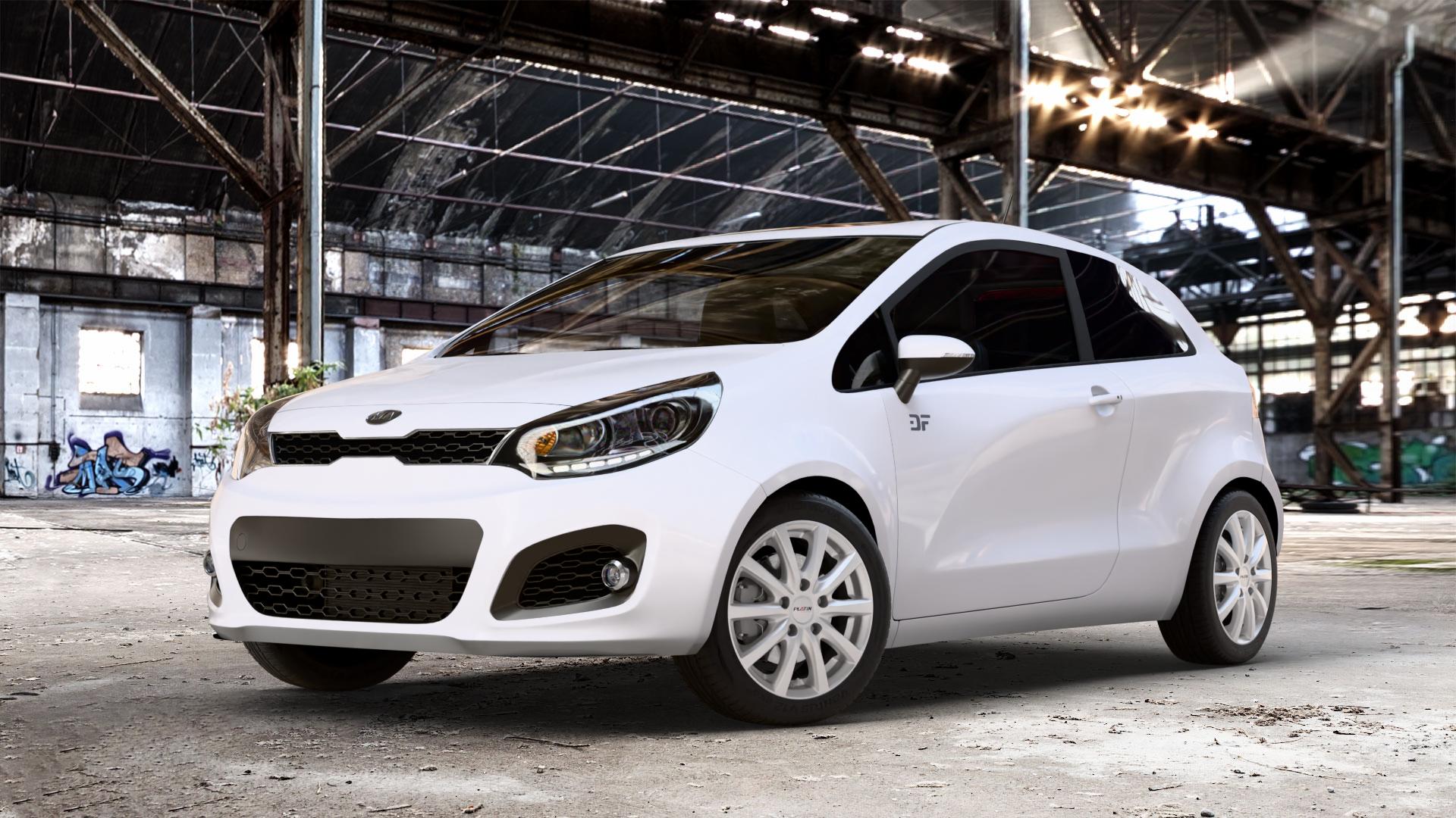 Platin Wheels P 69 polarsilber Felge mit Reifen in 16Zoll Winterfelge Alufelge auf weissem Kia Rio III Typ UB ⬇️ mit 15mm Tieferlegung ⬇️ Old Industrial Hall_max_4400mm_2024 Frontansicht_1