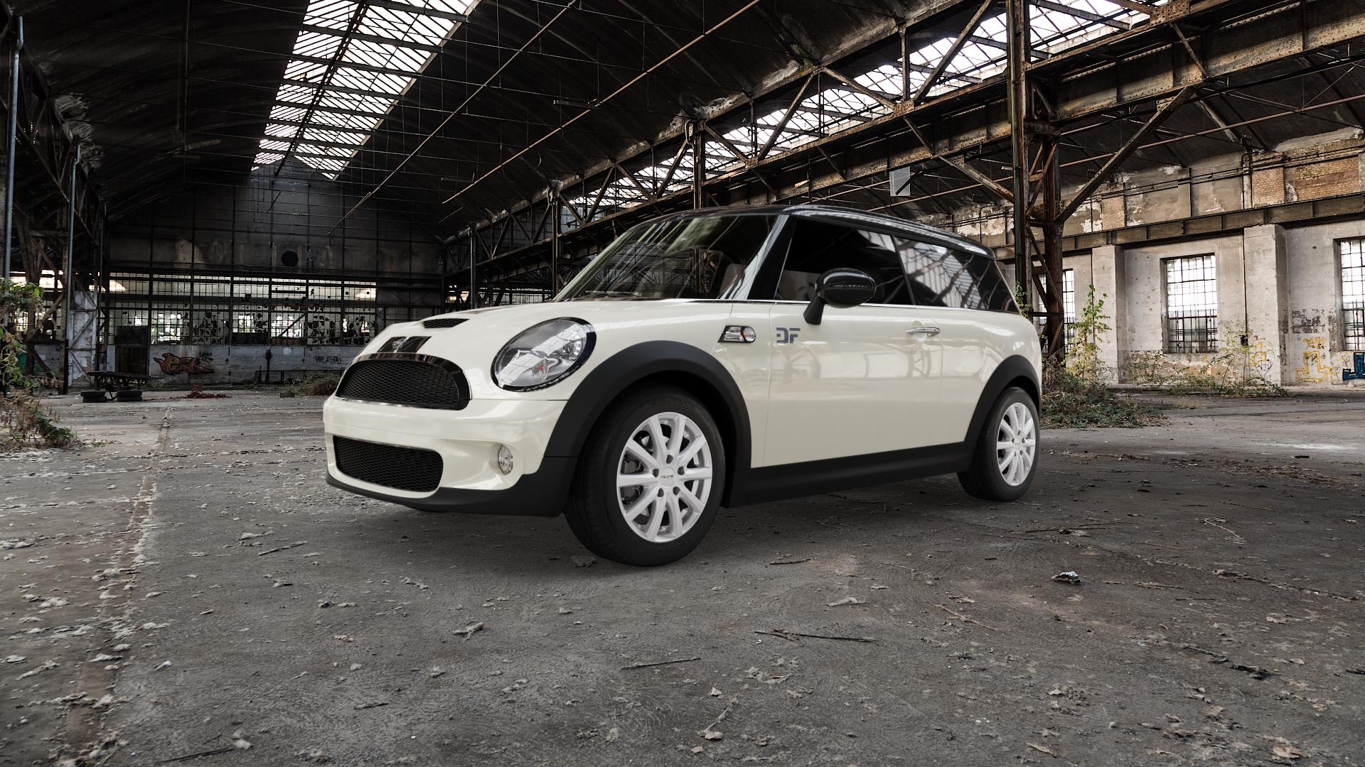 Platin Wheels P 69 polarsilber Felge mit Reifen in 16Zoll Winterfelge Alufelge auf weissem Mini R55 Typ UKL-K (Clubman) MINI-N ⬇️ mit 15mm Tieferlegung ⬇️ Old Industrial Hall_max5000mm_2022 Frontansicht_1