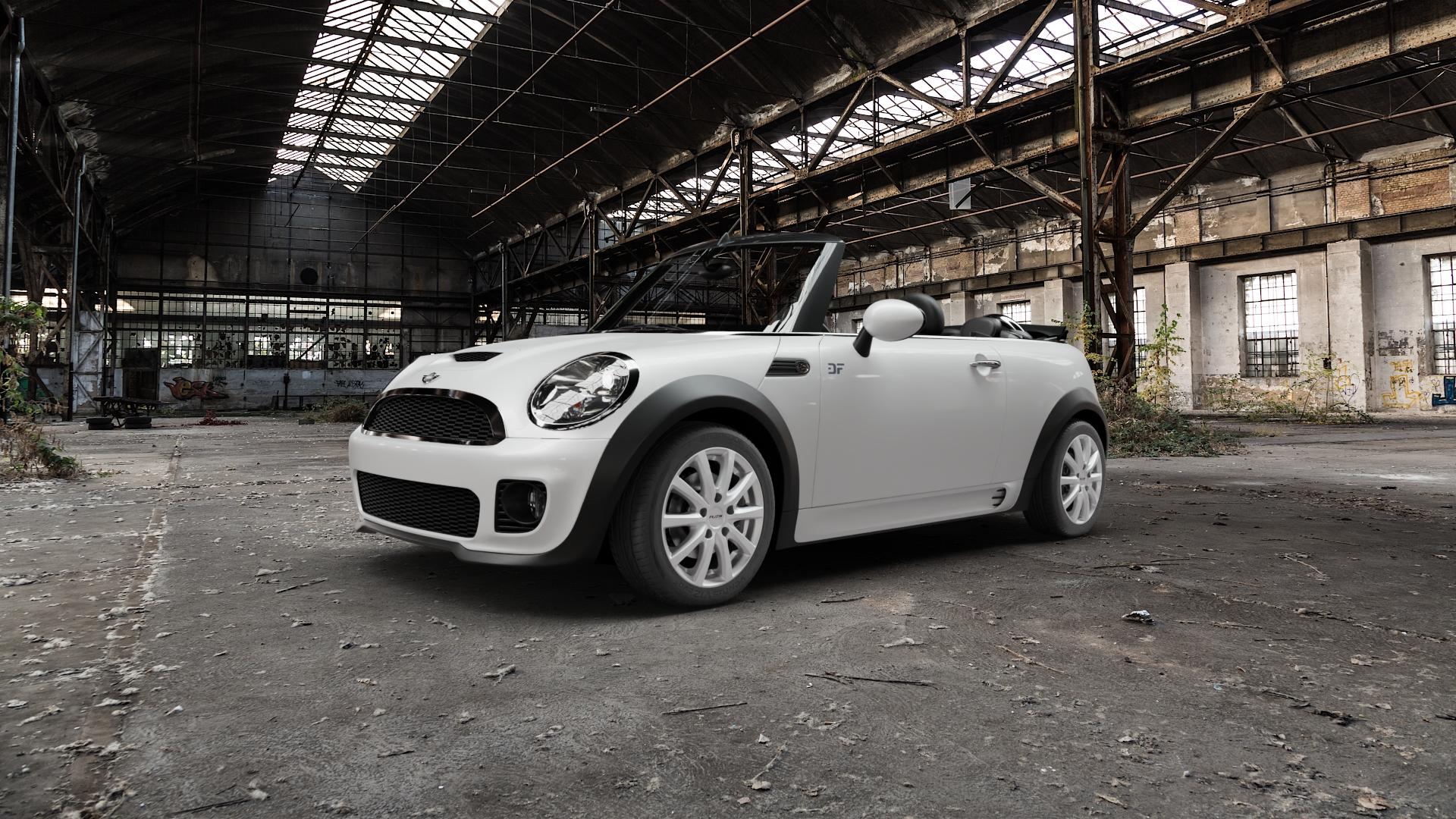 Platin Wheels P 69 polarsilber Felge mit Reifen in 16Zoll Winterfelge Alufelge auf weissem Mini R57 Typ UKL-C (Cabriolet) MINI-N ⬇️ mit 15mm Tieferlegung ⬇️ Old Industrial Hall_max5000mm_2022 Frontansicht_1
