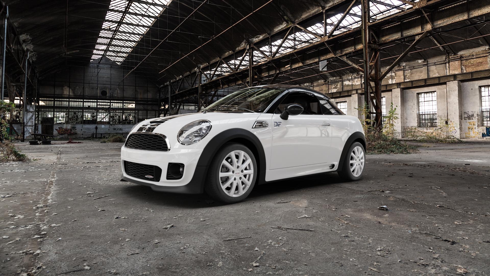 Platin Wheels P 69 polarsilber Felge mit Reifen in 16Zoll Winterfelge Alufelge auf weissem Mini R58 Typ UKL-C (Coupe) 1,6l Cooper 90kW (122 PS) S 135kW (184 2,0l SD 105kW (143 JCW 155kW (211 ⬇️ mit 15mm Tieferlegung ⬇️ Old Industrial Hall_max5000mm_2022 Frontansicht_1