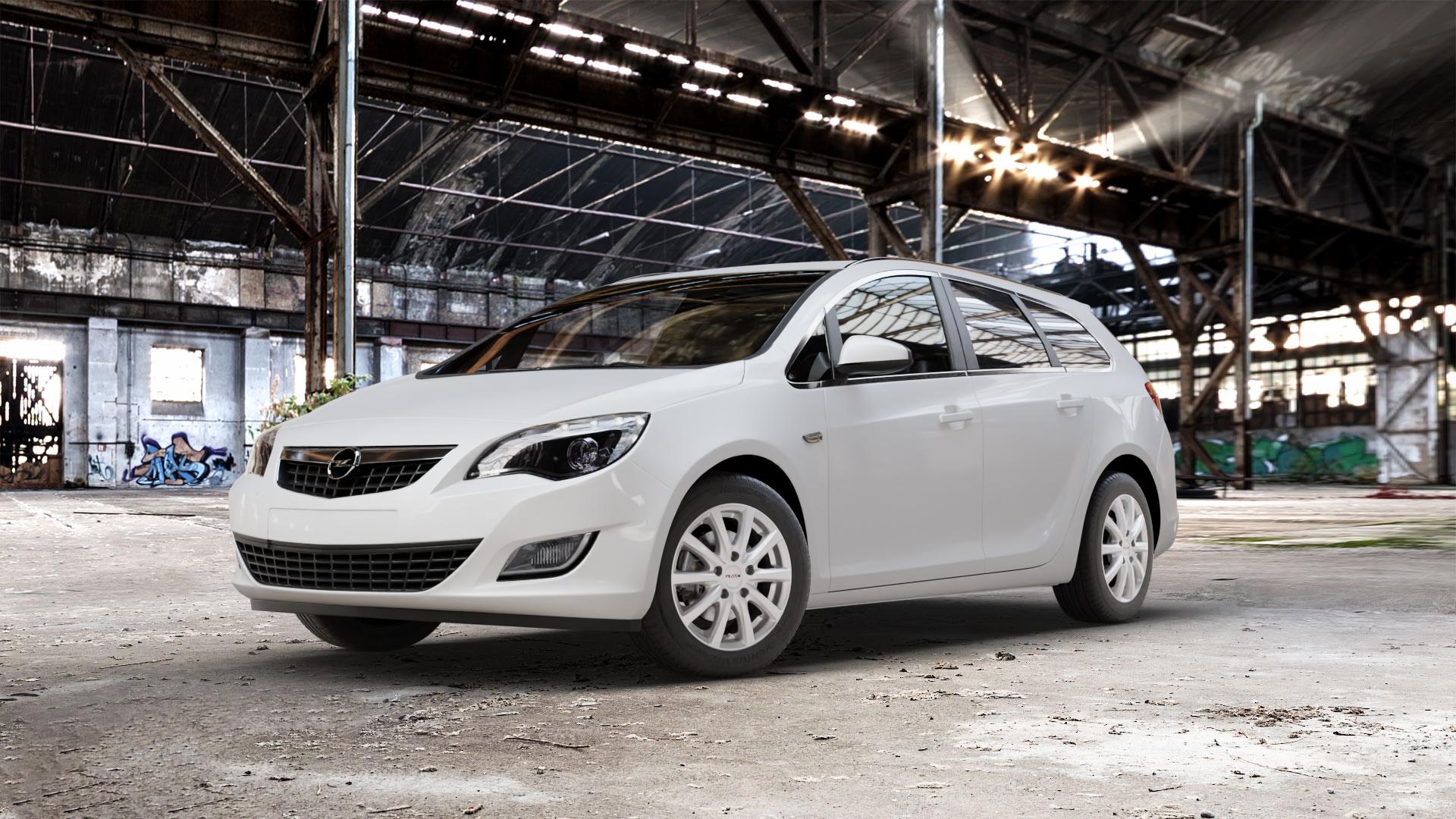 Platin Wheels P 69 polarsilber Felge mit Reifen in 16Zoll Winterfelge Alufelge auf weissem Opel Astra J Sports Tourer Typ P-J/SW Facelift ⬇️ mit 15mm Tieferlegung ⬇️ Old Industrial Hall_max_5300mm_2024 Frontansicht_1