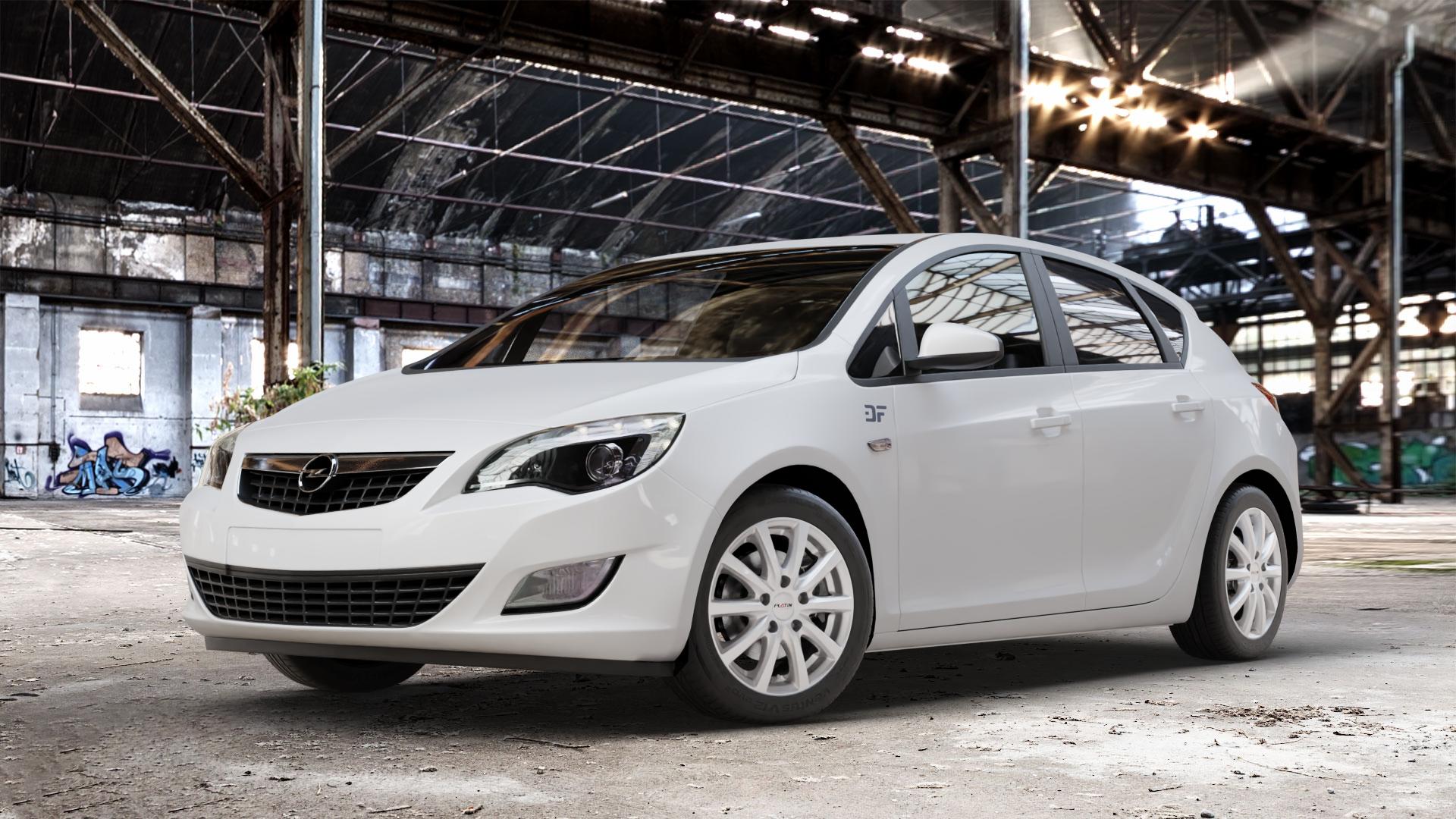 Platin Wheels P 69 polarsilber Felge mit Reifen in 16Zoll Winterfelge Alufelge auf weissem Opel Astra J Typ P-J Stufenheck ⬇️ mit 15mm Tieferlegung ⬇️ Old Industrial Hall_max_4400mm_2024 Frontansicht_1
