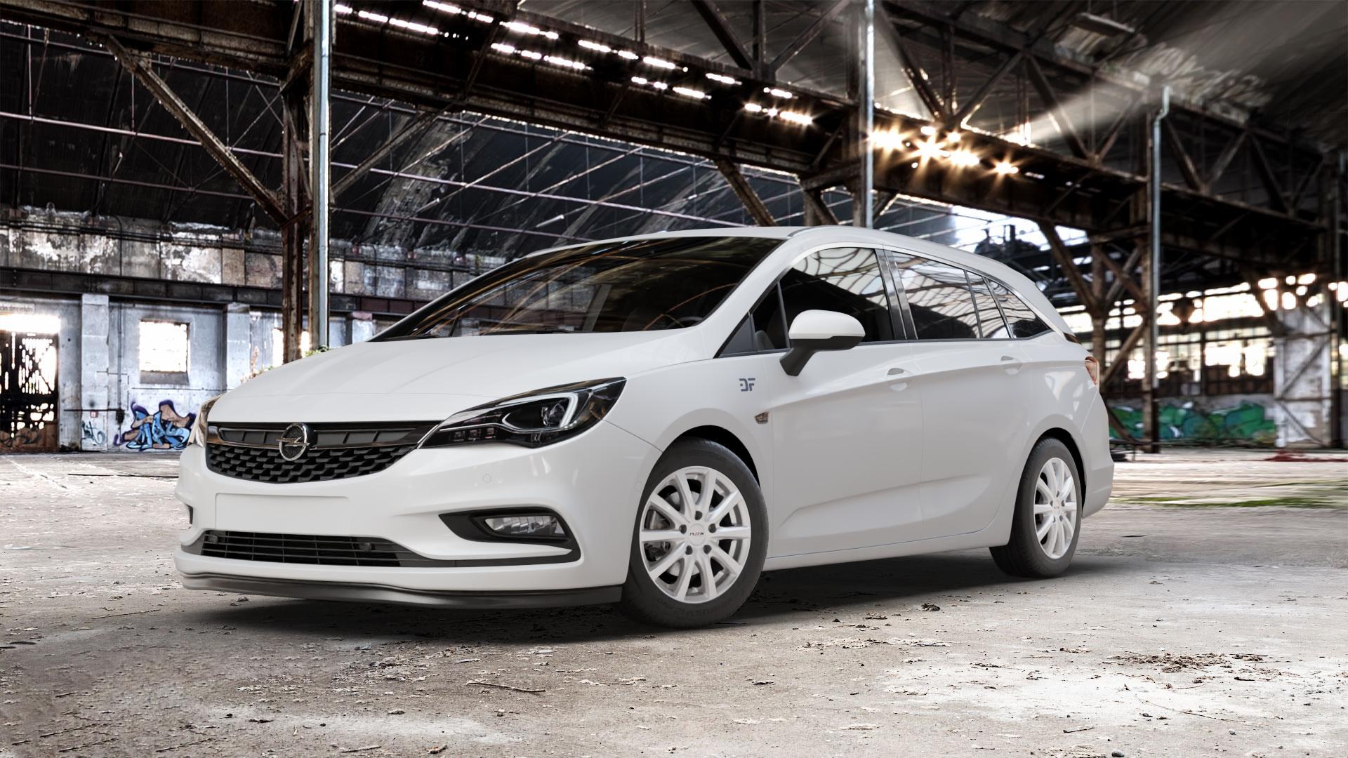 Platin Wheels P 69 polarsilber Felge mit Reifen in 16Zoll Winterfelge Alufelge auf weissem Opel Astra K Sports Tourer Typ B-K ⬇️ mit 15mm Tieferlegung ⬇️ Old Industrial Hall_max_5300mm_2024 Frontansicht_1