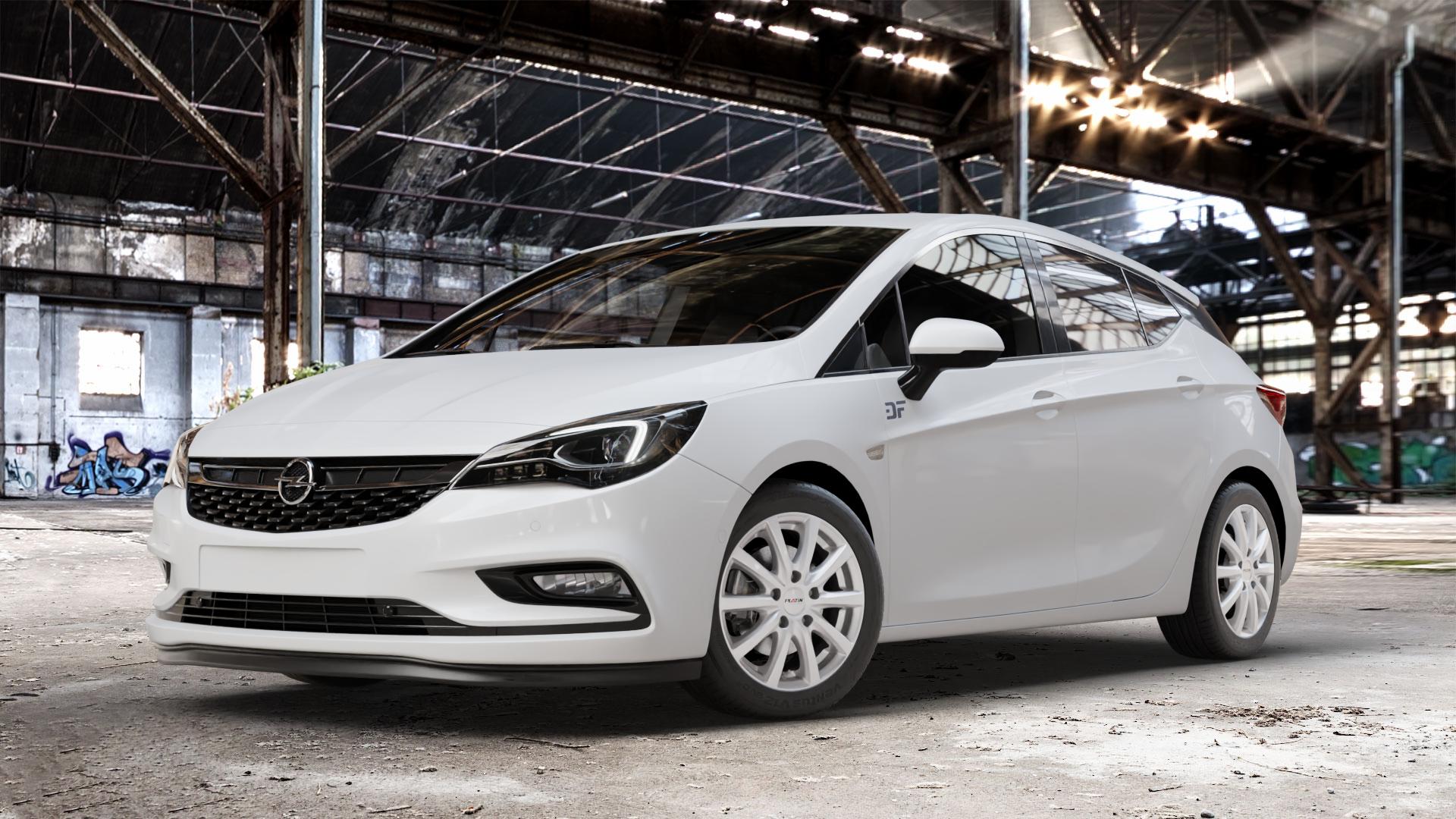 Platin Wheels P 69 polarsilber Felge mit Reifen in 16Zoll Winterfelge Alufelge auf weissem Opel Astra K Typ B-K ⬇️ mit 15mm Tieferlegung ⬇️ Old Industrial Hall_max_4400mm_2024 Frontansicht_1