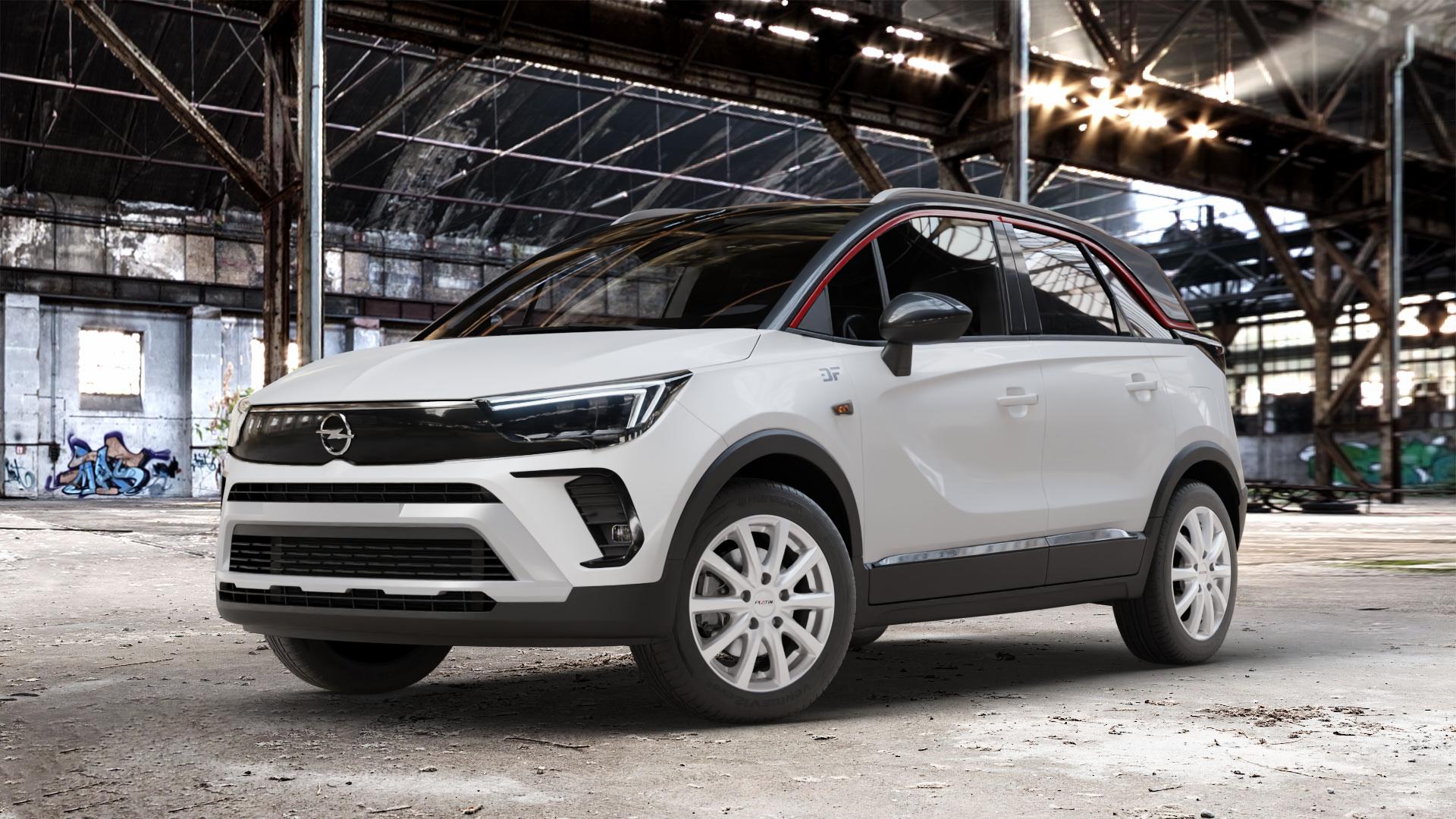 Platin Wheels P 69 polarsilber Felge mit Reifen in 16Zoll Winterfelge Alufelge auf weissem Opel Crossland ⬇️ mit 15mm Tieferlegung ⬇️ Old Industrial Hall_max_4400mm_2024 Frontansicht_1