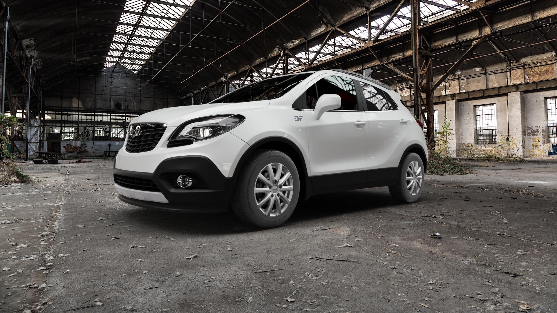 Platin Wheels P 69 polarsilber Felge mit Reifen in 16Zoll Winterfelge Alufelge auf weissem Opel Mokka Typ J-A ⬇️ mit 15mm Tieferlegung ⬇️ Old Industrial Hall_max5000mm_2022 Frontansicht_1