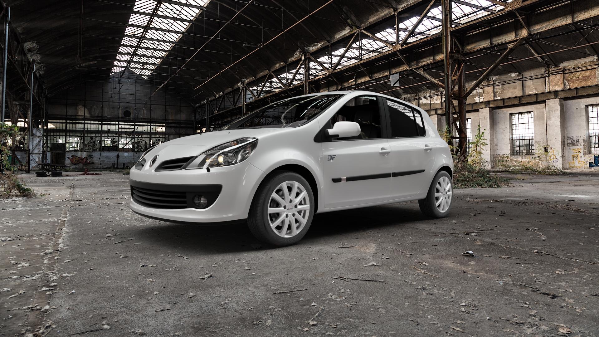 Platin Wheels P 69 polarsilber Felge mit Reifen in 16Zoll Winterfelge Alufelge auf weissem Renault Clio III Typ R ⬇️ mit 15mm Tieferlegung ⬇️ Old Industrial Hall_max5000mm_2022 Frontansicht_1