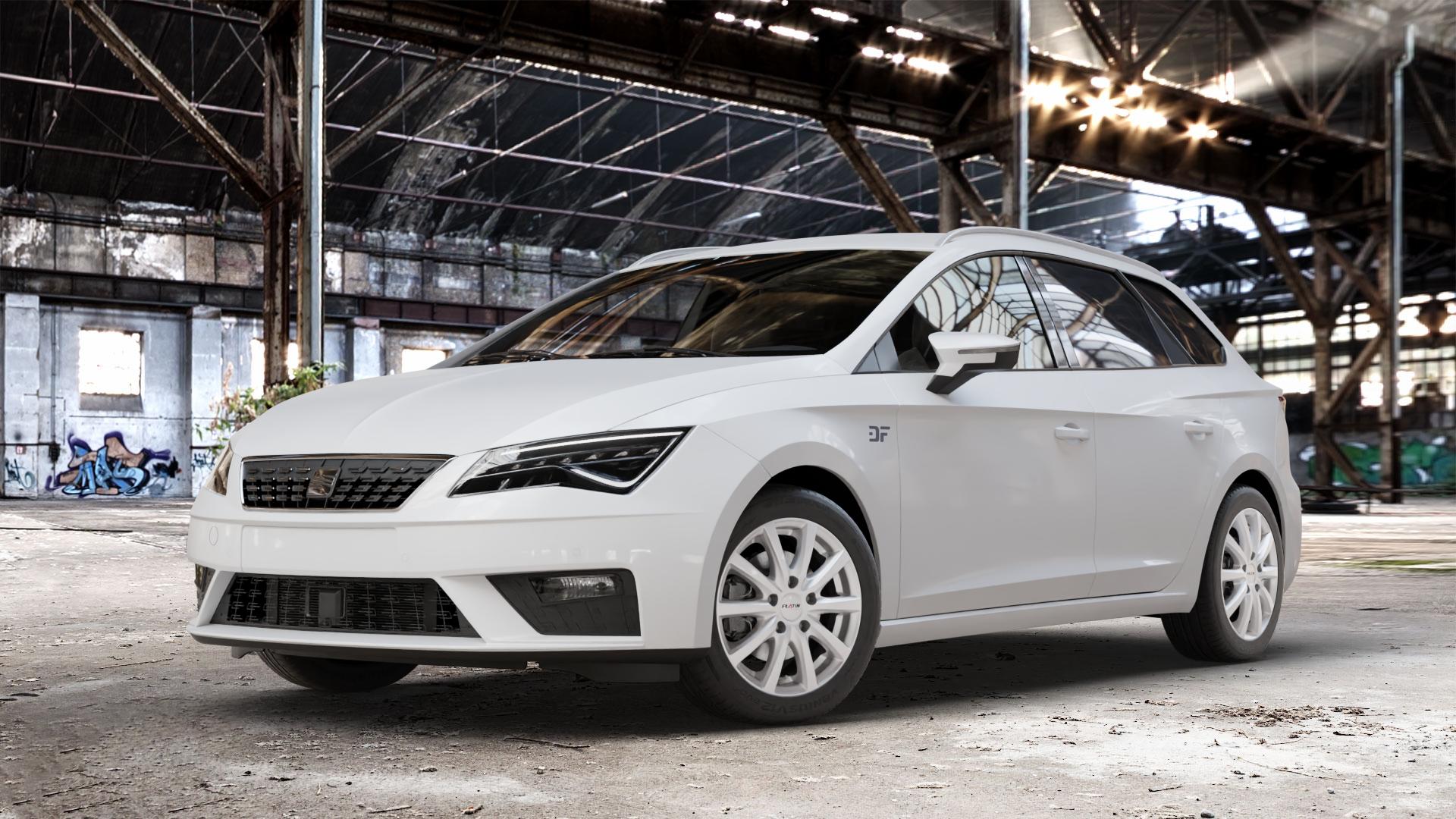 Platin Wheels P 69 polarsilber Felge mit Reifen in 16Zoll Winterfelge Alufelge auf weissem Seat Leon Typ 5F ST Facelift ⬇️ mit 15mm Tieferlegung ⬇️ Old Industrial Hall_max_4400mm_2024 Frontansicht_1