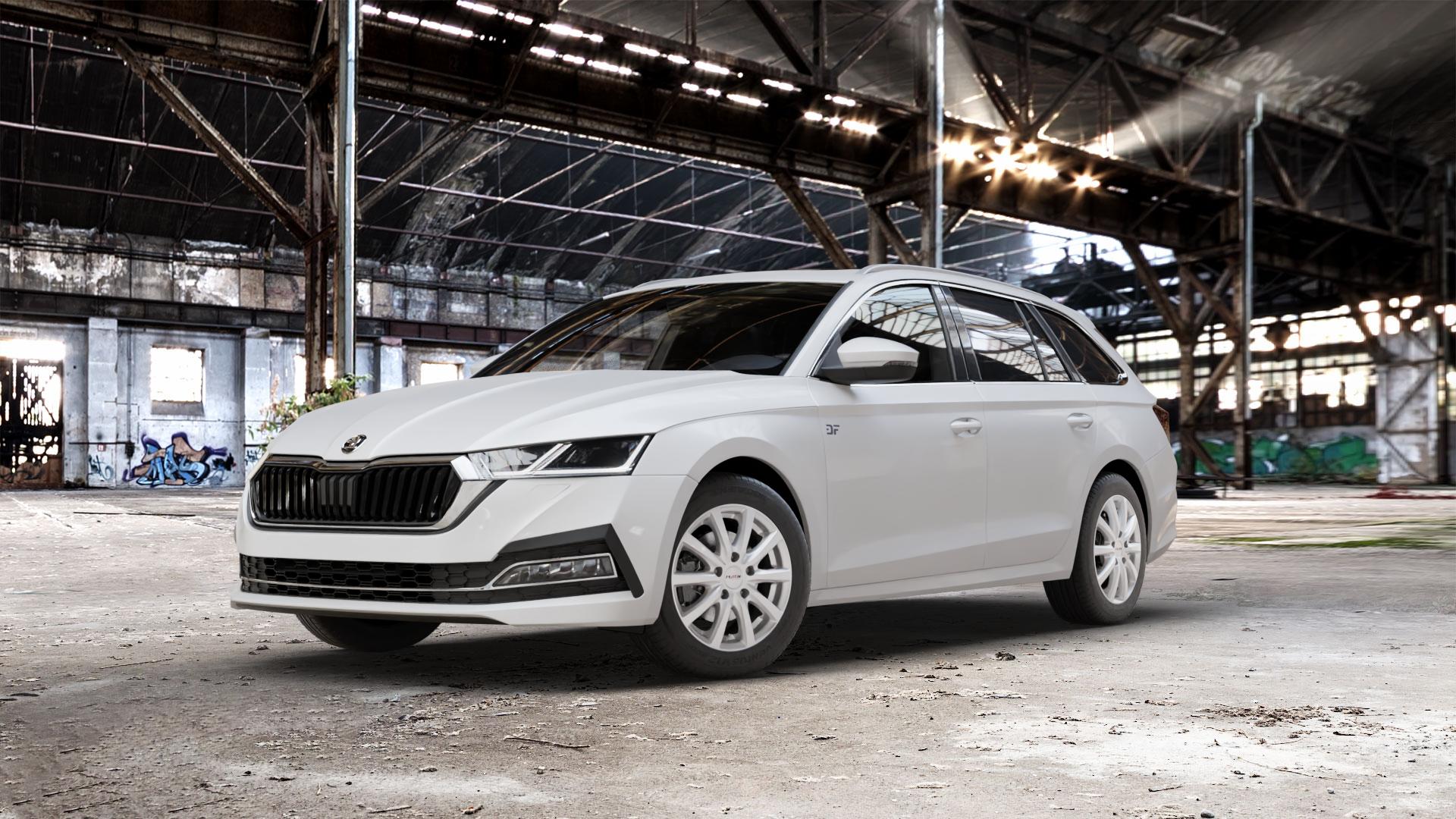 Platin Wheels P 69 polarsilber Felge mit Reifen in 16Zoll Winterfelge Alufelge auf weissem Skoda Octavia IV Kombi Typ NX ⬇️ mit 15mm Tieferlegung ⬇️ Old Industrial Hall_max_5300mm_2024 Frontansicht_1