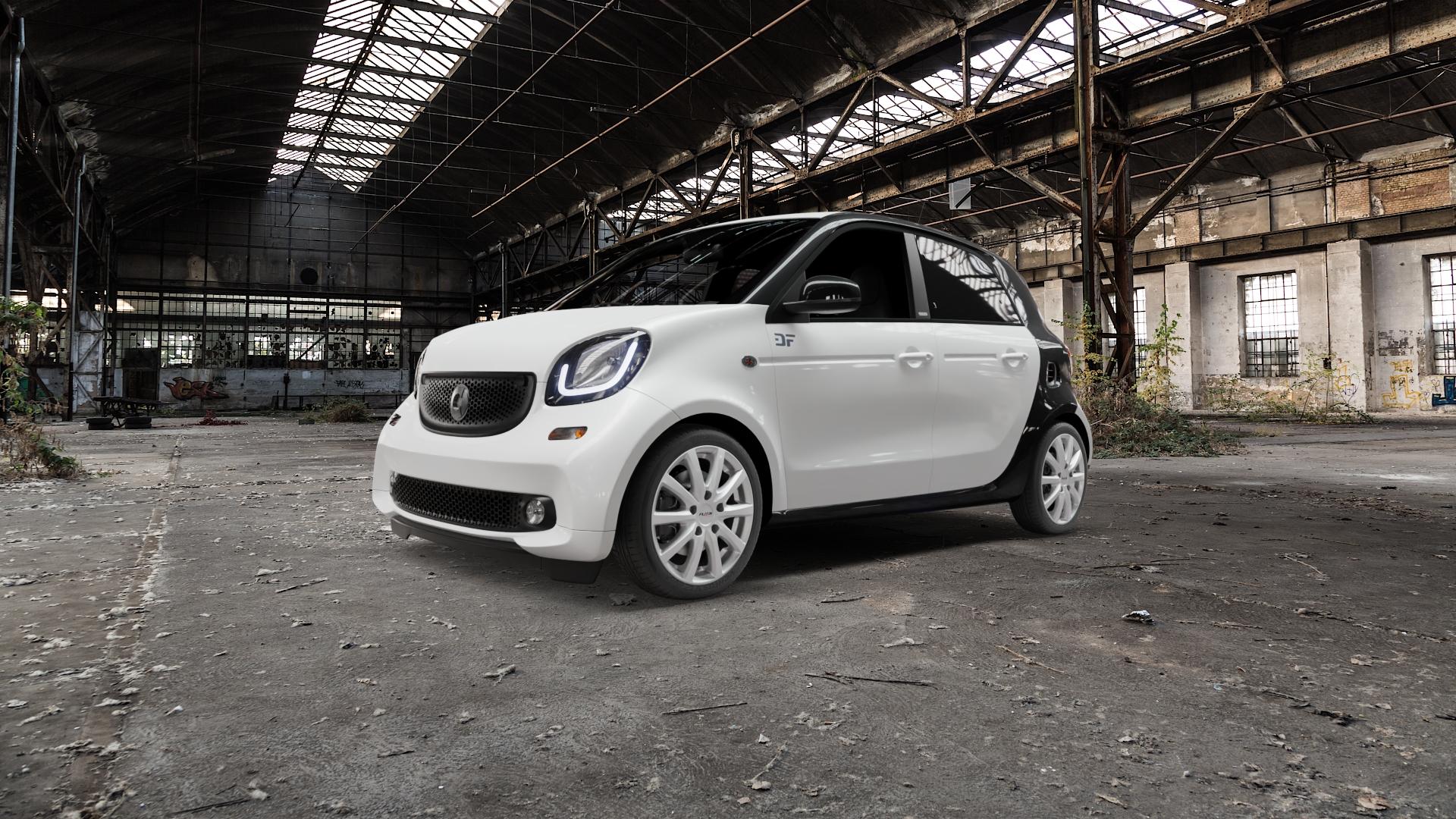 Platin Wheels P 69 polarsilber Felge mit Reifen in 16Zoll Winterfelge Alufelge auf weissem Smart Forfour II (453) ⬇️ mit 15mm Tieferlegung ⬇️ Old Industrial Hall_max5000mm_2022 Frontansicht_1
