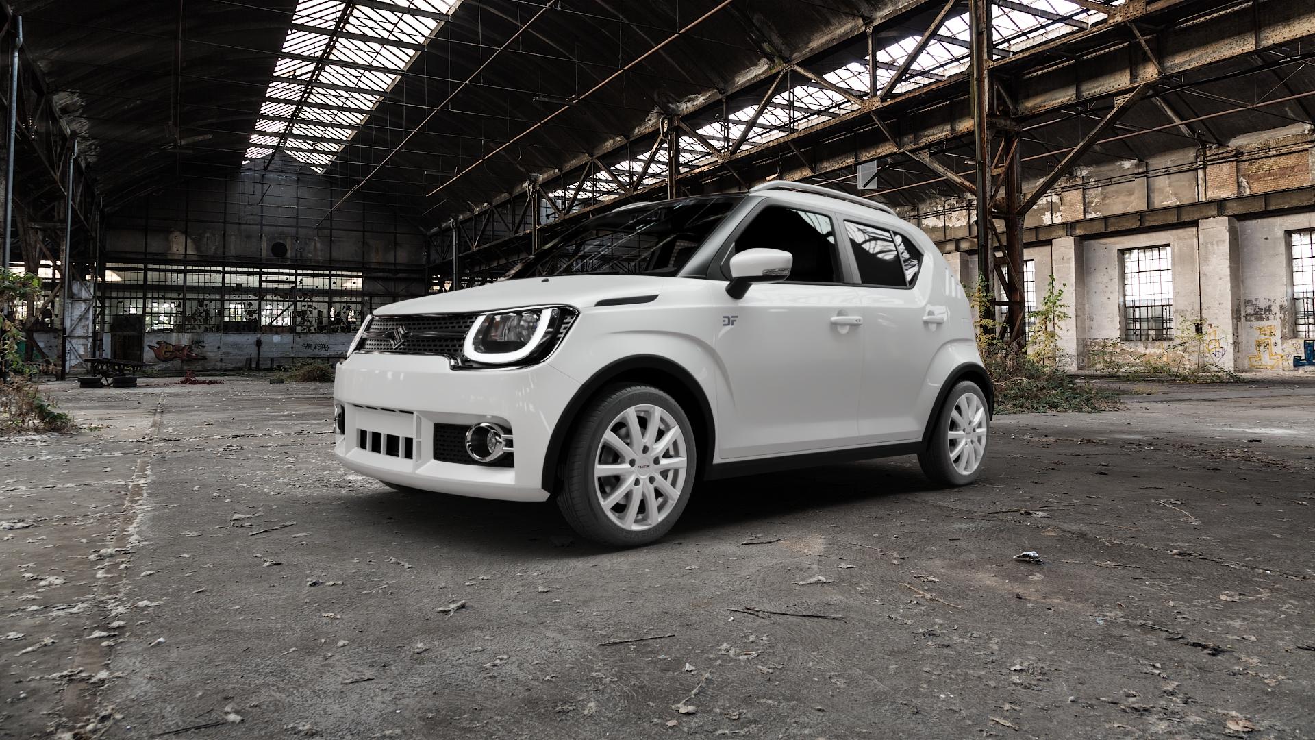 Platin Wheels P 69 polarsilber Felge mit Reifen in 16Zoll Winterfelge Alufelge auf weissem Suzuki Ignis III Typ MF ⬇️ mit 15mm Tieferlegung ⬇️ Old Industrial Hall_max5000mm_2022 Frontansicht_1