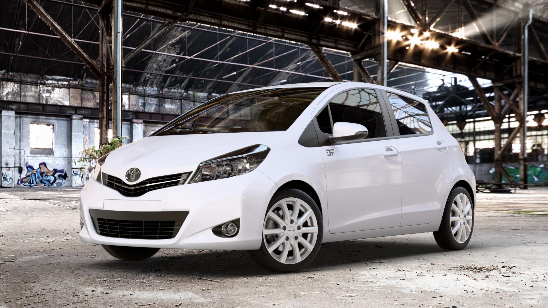 Platin Wheels P 69 polarsilber Felge mit Reifen in 16Zoll Winterfelge Alufelge auf weissem Toyota Yaris III Typ XP13 Facelift 17-> ⬇️ mit 15mm Tieferlegung ⬇️ Old Industrial Hall_max_4400mm_2024 Frontansicht_1