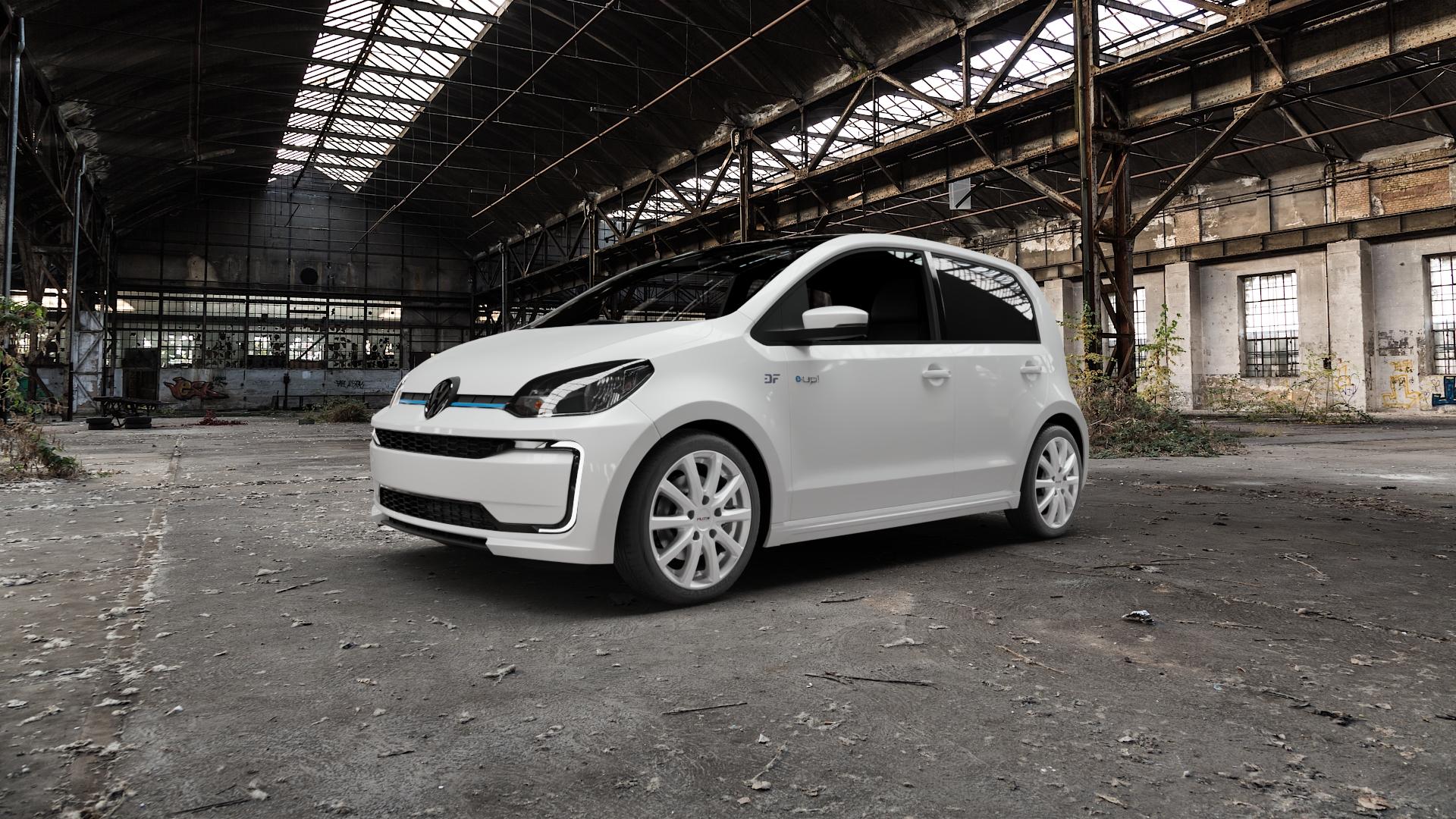 Platin Wheels P 69 polarsilber Felge mit Reifen in 16Zoll Winterfelge Alufelge auf weissem Volkswagen (VW) UP Facelift 0,0l e-UP 60kW (82 PS) 61kW (83 ⬇️ mit 15mm Tieferlegung ⬇️ Old Industrial Hall_max5000mm_2022 Frontansicht_1