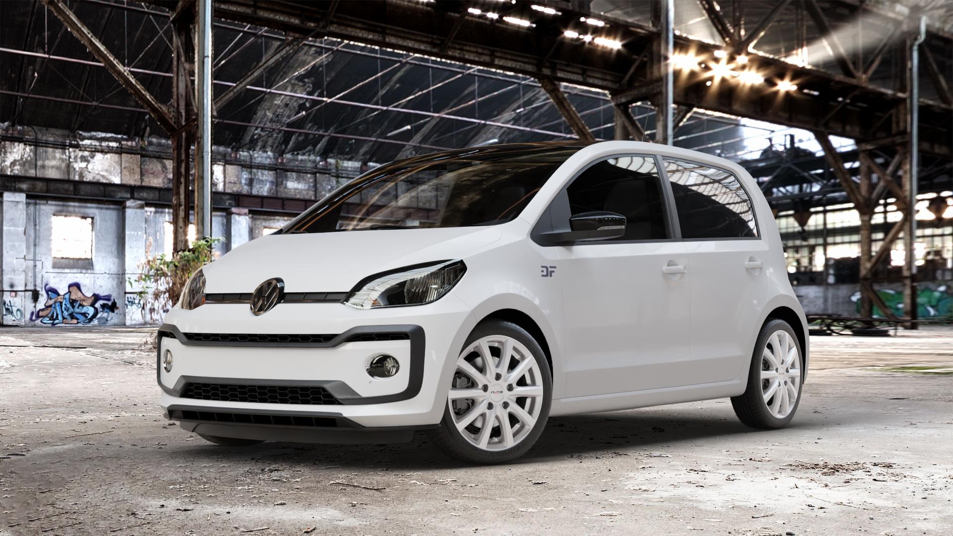 Platin Wheels P 69 polarsilber Felge mit Reifen in 16Zoll Winterfelge Alufelge auf weissem Volkswagen (VW) UP Facelift ⬇️ mit 15mm Tieferlegung ⬇️ Old Industrial Hall_max_4400mm_2024 Frontansicht_1
