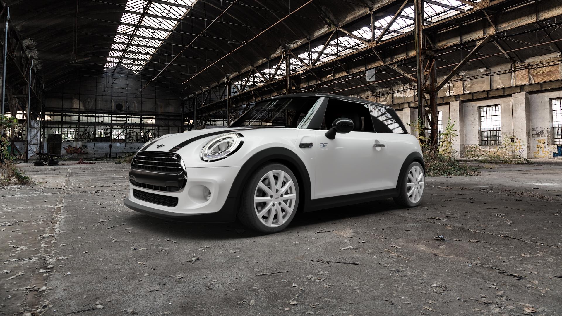 Platin Wheels P 69 polarsilber Felge mit Reifen in 17Zoll Winterfelge Alufelge auf weissem Mini F56 Typ UKL-L (3-Türer Limousine) ⬇️ mit 15mm Tieferlegung ⬇️ Old Industrial Hall_max5000mm_2022 Frontansicht_1
