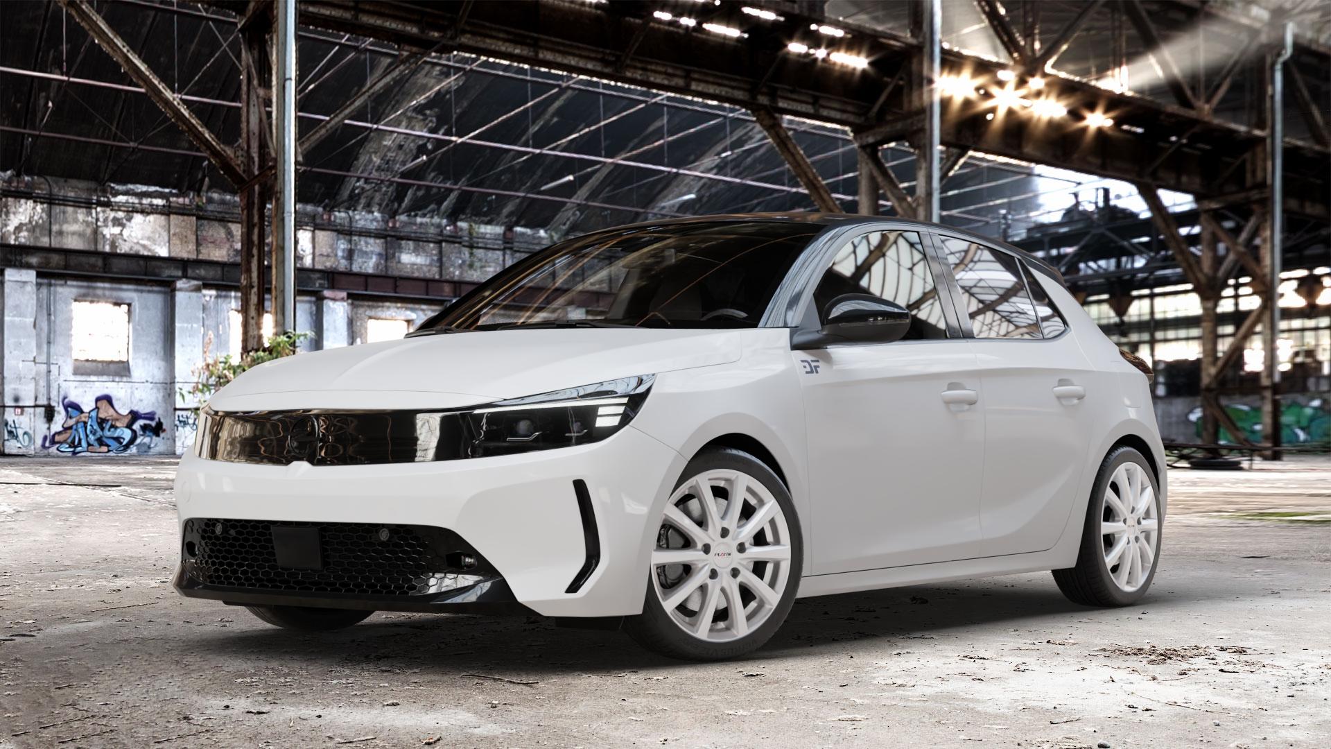 Platin Wheels P 69 polarsilber Felge mit Reifen in 17Zoll Winterfelge Alufelge auf weissem Opel Corsa F Typ U Facelift 1,2l 55kW (75 PS) Turbo 74kW (101 96kW (131 1,5l D 75kW (102 ⬇️ mit 15mm Tieferlegung ⬇️ Old Industrial Hall_max_4400mm_2024 Frontansicht_1
