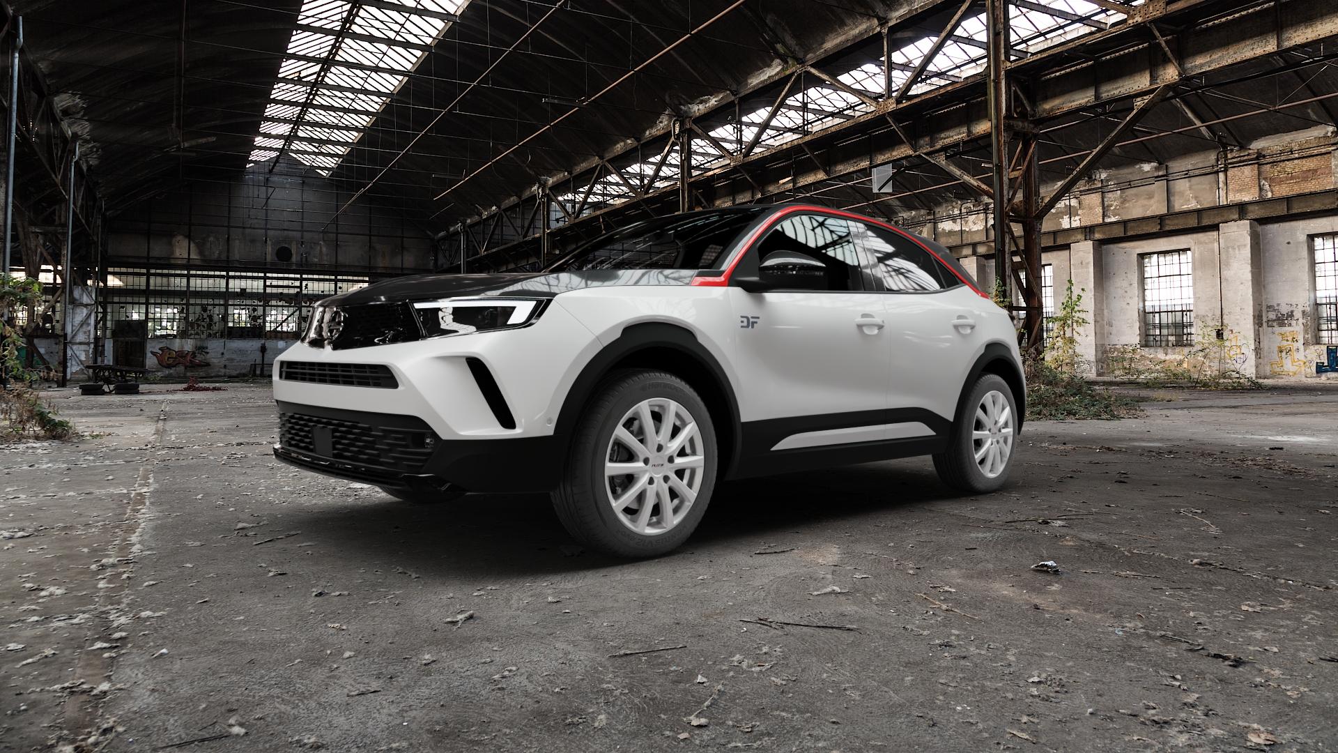 Platin Wheels P 69 polarsilber Felge mit Reifen in 17Zoll Winterfelge Alufelge auf weissem Opel Mokka-e Typ U 0,0l 57kW (77 PS) ⬇️ mit 15mm Tieferlegung ⬇️ Old Industrial Hall_max5000mm_2022 Frontansicht_1