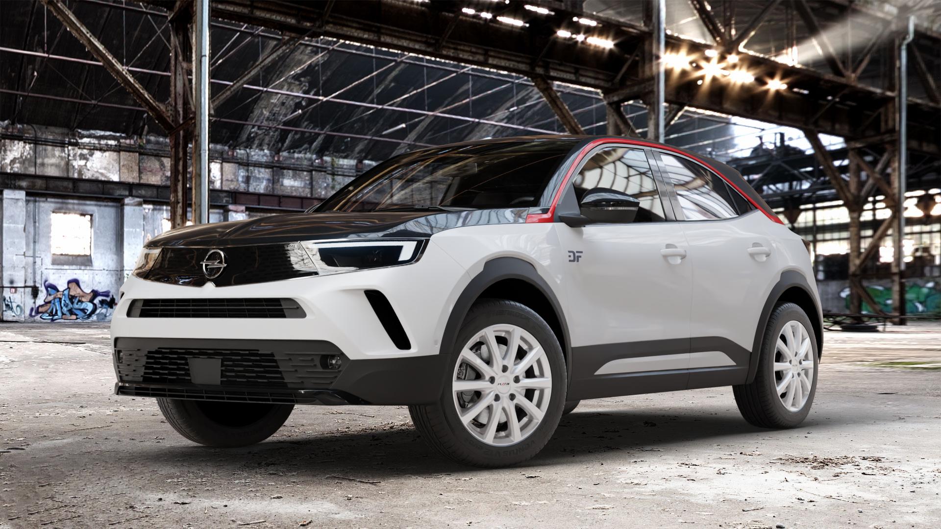 Platin Wheels P 69 polarsilber Felge mit Reifen in 17Zoll Winterfelge Alufelge auf weissem Opel Mokka Typ U 1,2l Turbo 74kW (101 PS) 96kW (131 1,5l D 81kW (110 ⬇️ mit 15mm Tieferlegung ⬇️ Old Industrial Hall_max_4400mm_2024 Frontansicht_1