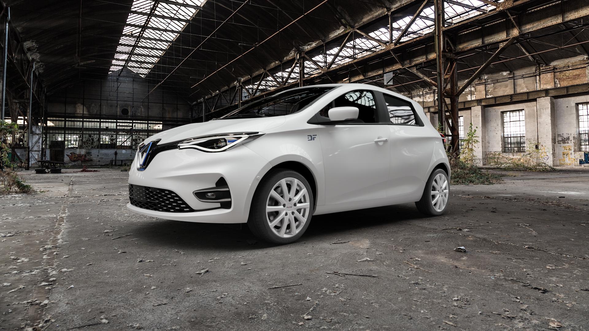 Platin Wheels P 69 polarsilber Felge mit Reifen in 17Zoll Winterfelge Alufelge auf weissem Renault ZOE Typ AG Facelift ⬇️ mit 15mm Tieferlegung ⬇️ Old Industrial Hall_max5000mm_2022 Frontansicht_1