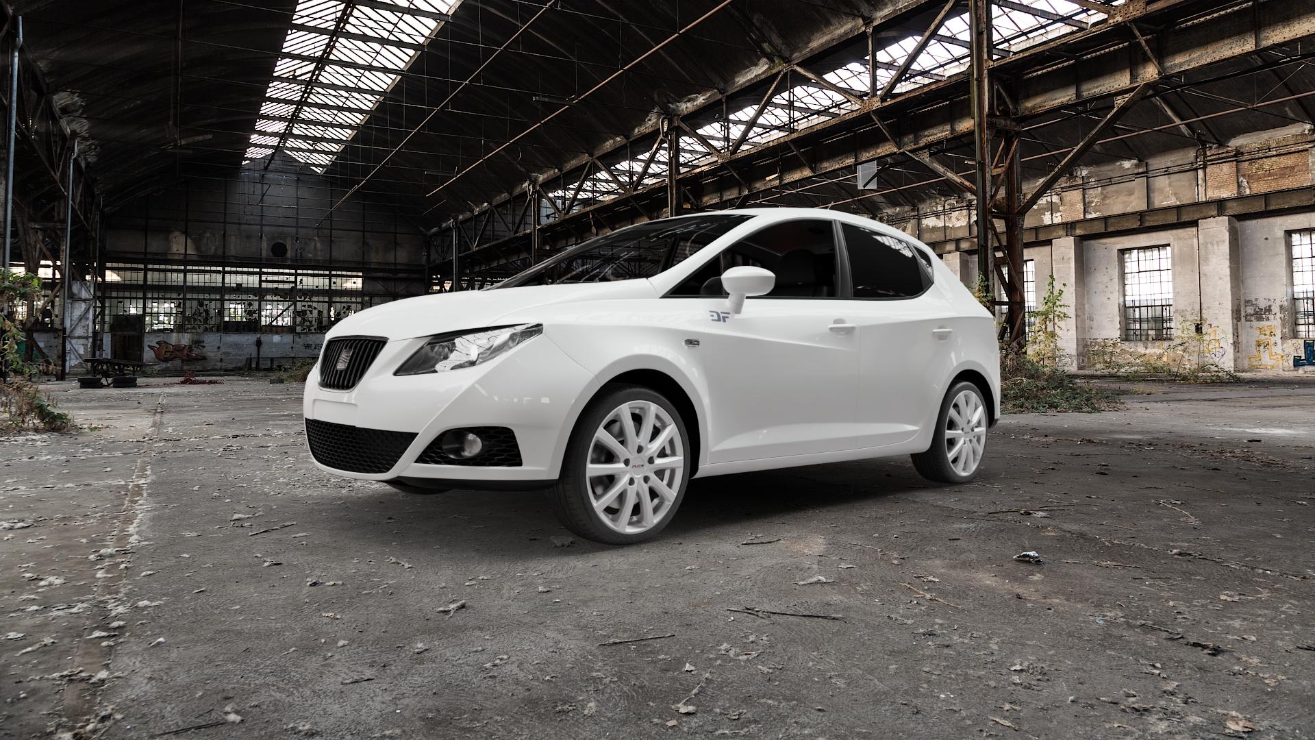 Platin Wheels P 69 polarsilber Felge mit Reifen in 17Zoll Winterfelge Alufelge auf weissem Seat Ibiza IV Typ 6J ST Facelift ⬇️ mit 15mm Tieferlegung ⬇️ Old Industrial Hall_max5000mm_2022 Frontansicht_1