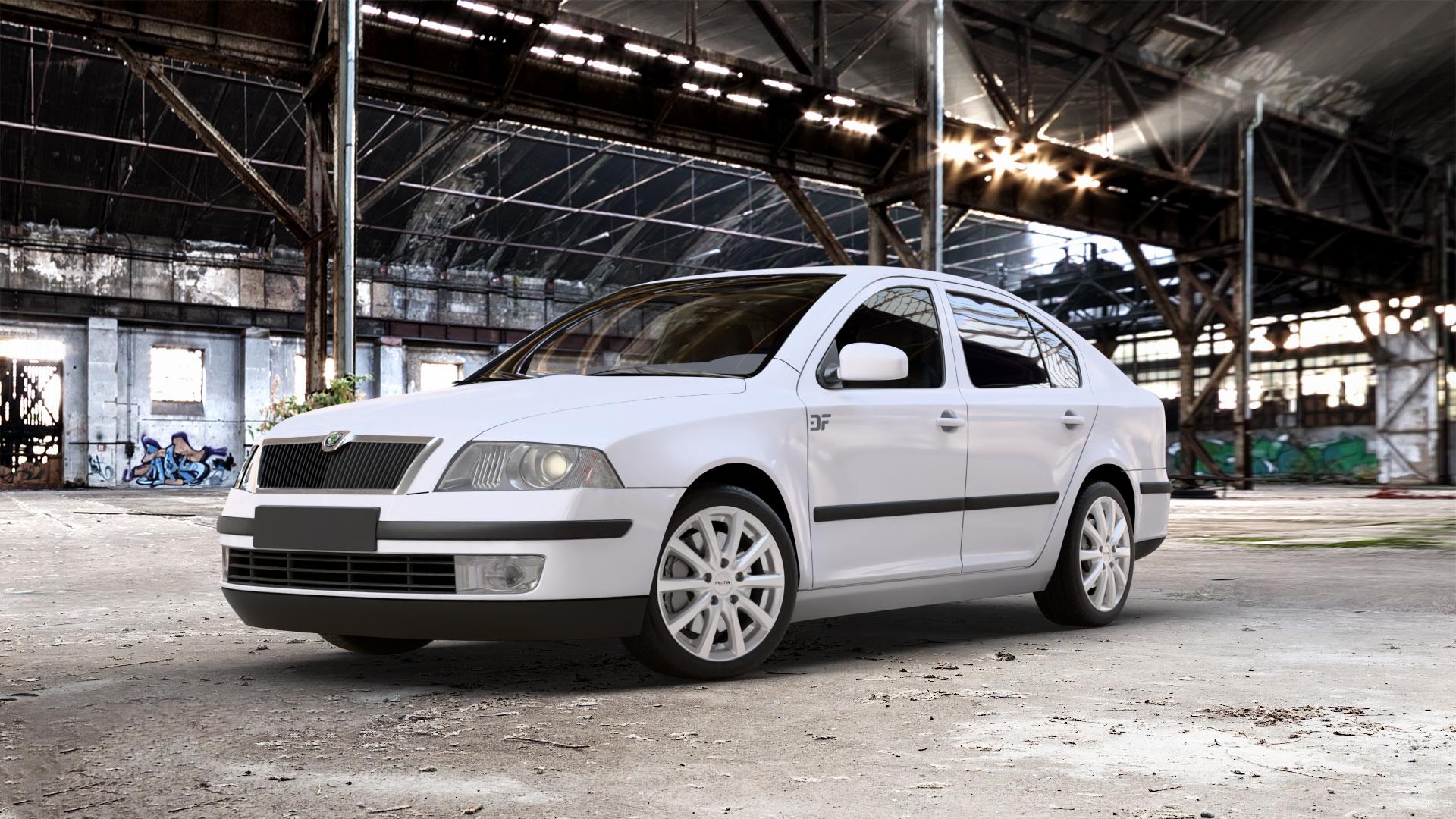 Platin Wheels P 69 polarsilber Felge mit Reifen in 17Zoll Winterfelge Alufelge auf weissem Skoda Octavia II Limousine Typ 1Z3 1,4l 55kW (75 PS) 59kW (80 1,6l 75kW (102 FSI 85kW (116 1,8l TSI 118kW (160 1,2l 77kW (105 90kW (122 TDI I 1U2 ⬇️ mit 15mm Tieferlegung ⬇️ Old Industrial Hall_max_5300mm_2024 Frontansicht_1