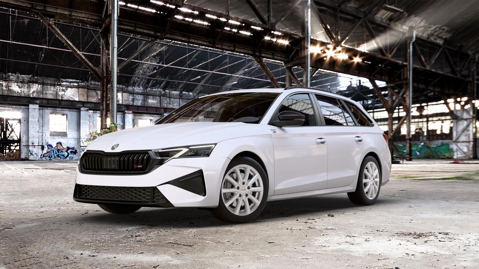 Platin Wheels P 69 polarsilber Felge mit Reifen in 17Zoll Winterfelge Alufelge auf weissem Skoda Octavia IV Kombi Typ NX Facelift 2,0l TSI 195kW RS (265 PS) ⬇️ mit 15mm Tieferlegung ⬇️ Old Industrial Hall_max_5300mm_2024 Frontansicht_1
