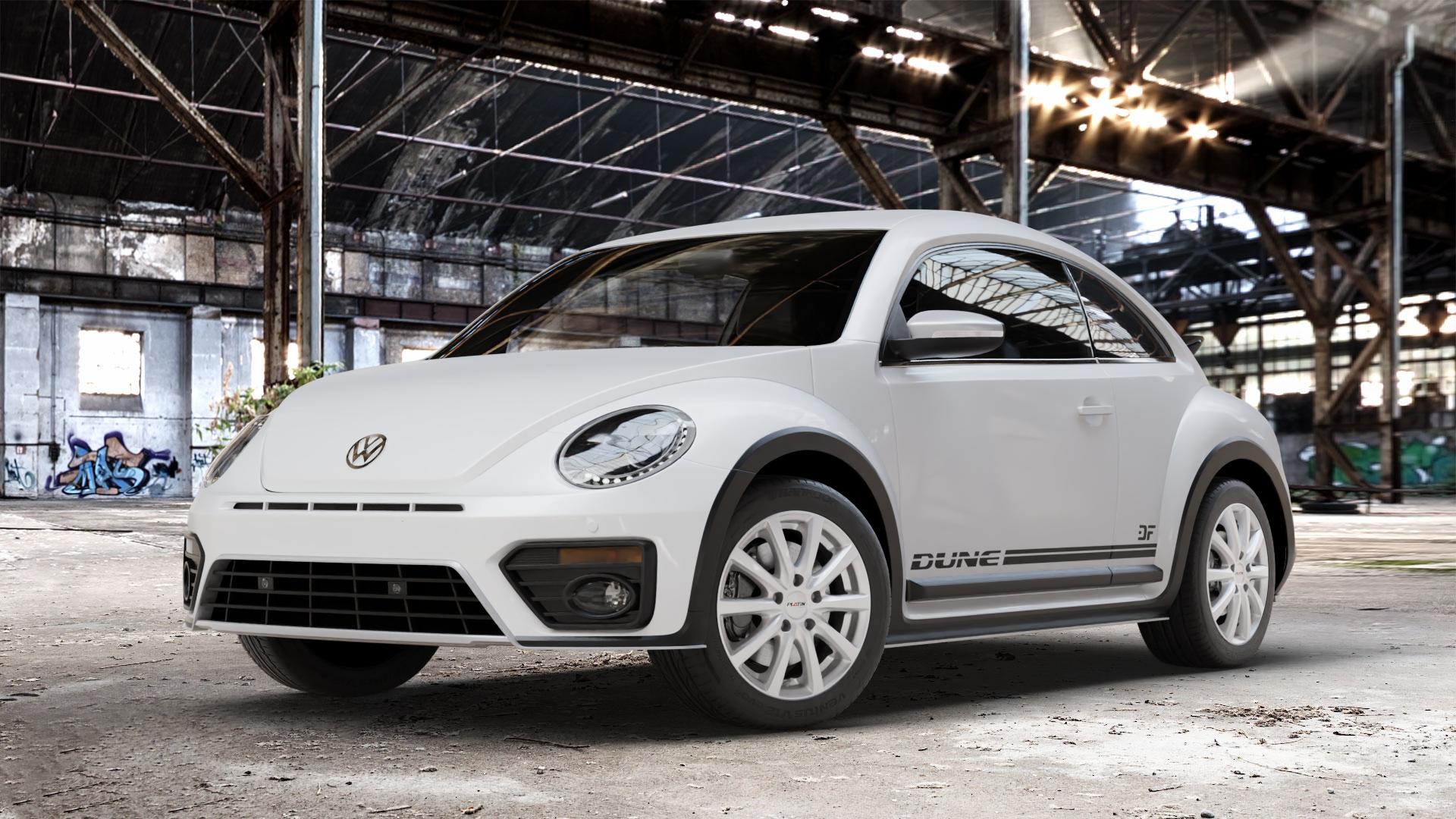Platin Wheels P 69 polarsilber Felge mit Reifen in 17Zoll Winterfelge Alufelge auf weissem Volkswagen (VW) Beetle Dune Typ 16 ⬇️ mit 15mm Tieferlegung ⬇️ Old Industrial Hall_max_4400mm_2024 Frontansicht_1