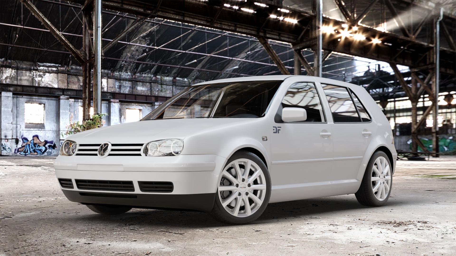 Platin Wheels P 69 polarsilber Felge mit Reifen in 17Zoll Winterfelge Alufelge auf weissem Volkswagen (VW) Golf 4 Cabrio Variant ⬇️ mit 15mm Tieferlegung ⬇️ Old Industrial Hall_max_4400mm_2024 Frontansicht_1