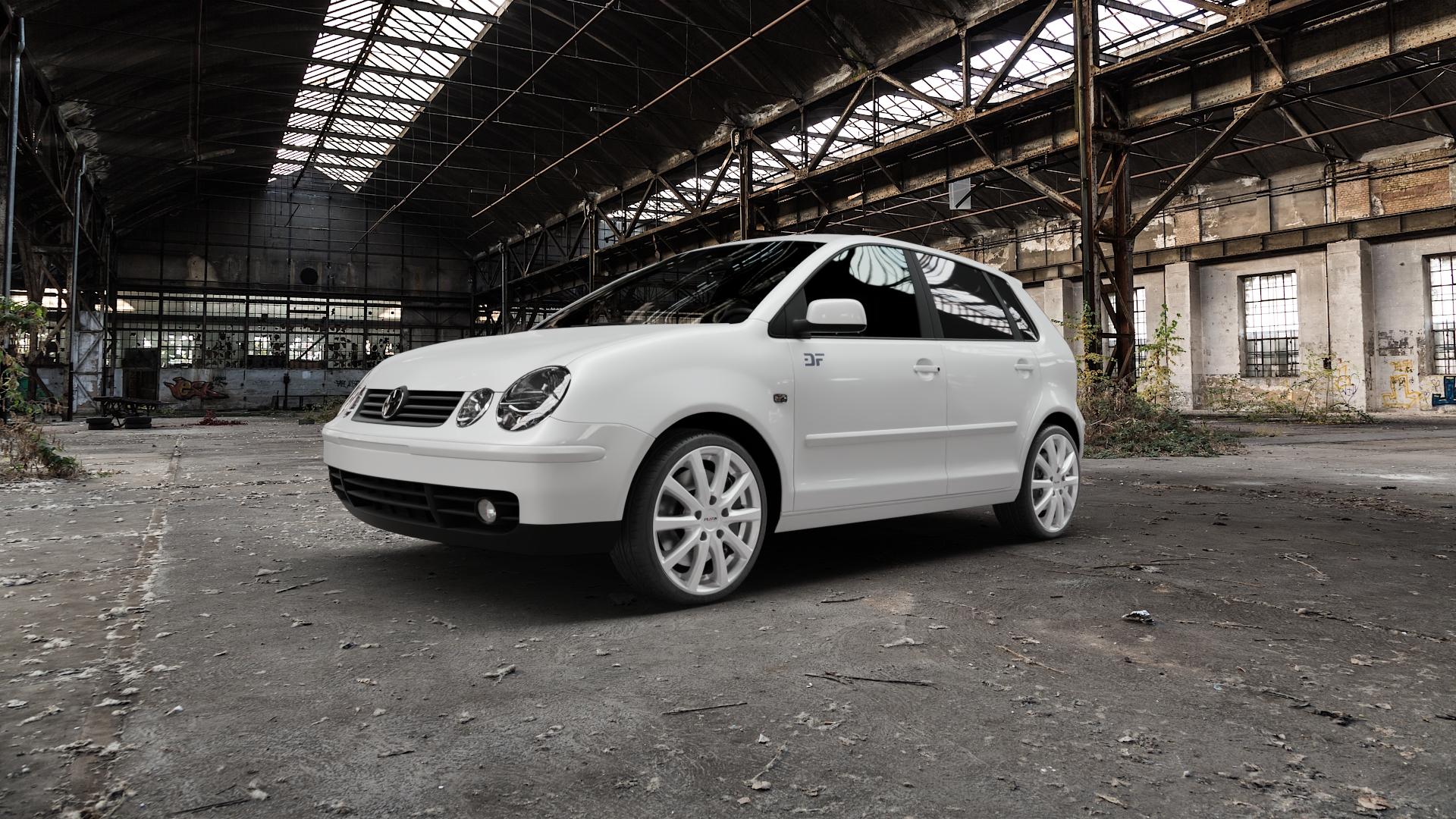 Platin Wheels P 69 polarsilber Felge mit Reifen in 17Zoll Winterfelge Alufelge auf weissem Volkswagen (VW) Polo IV Typ 9N/9N3 Cross 9N Stufenheck Fun ⬇️ mit 15mm Tieferlegung ⬇️ Old Industrial Hall_max5000mm_2022 Frontansicht_1