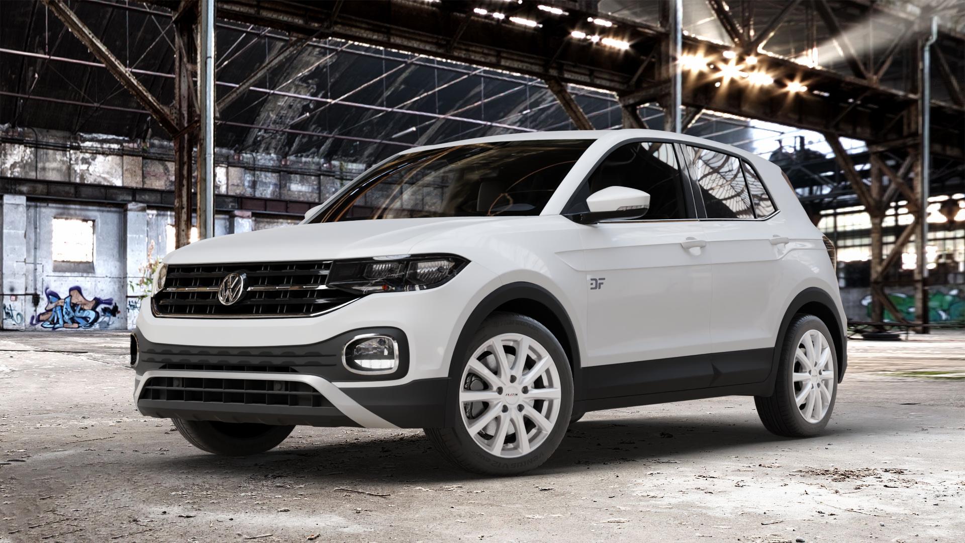 Platin Wheels P 69 polarsilber Felge mit Reifen in 17Zoll Winterfelge Alufelge auf weissem Volkswagen (VW) T-Cross ⬇️ mit 15mm Tieferlegung ⬇️ Old Industrial Hall_max_4400mm_2024 Frontansicht_1