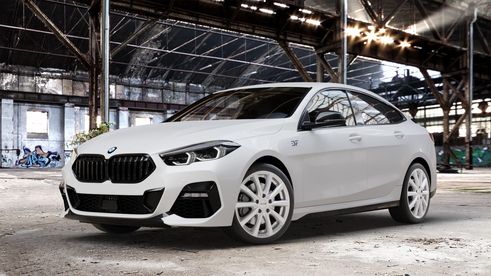 Platin Wheels P 69 polarsilber Felge mit Reifen in 18Zoll Winterfelge Alufelge auf weissem BMW 216d Typ F44 (Gran Coupe) 218i 220d 2 M235i xDrive 218d 220i 2er Gran Coupe (F2GC) ⬇️ mit 15mm Tieferlegung ⬇️ Old Industrial Hall_max_4400mm_2024 Frontansicht_1