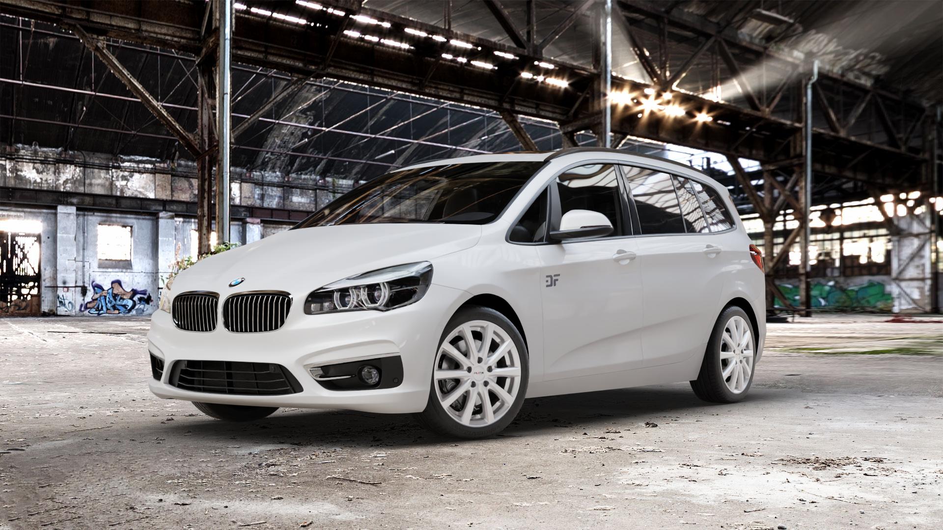 Platin Wheels P 69 polarsilber Felge mit Reifen in 18Zoll Winterfelge Alufelge auf weissem BMW 218i Typ UKL-L (F46 Gran Tourer) 220i 216d 218d 220d xDrive 214d 216i F2GT 2er F46 Tourer (UKL-L) (F2GT) Facelift ⬇️ mit 15mm Tieferlegung ⬇️ Old Industrial Hall_max_5300mm_2024 Frontansicht_1