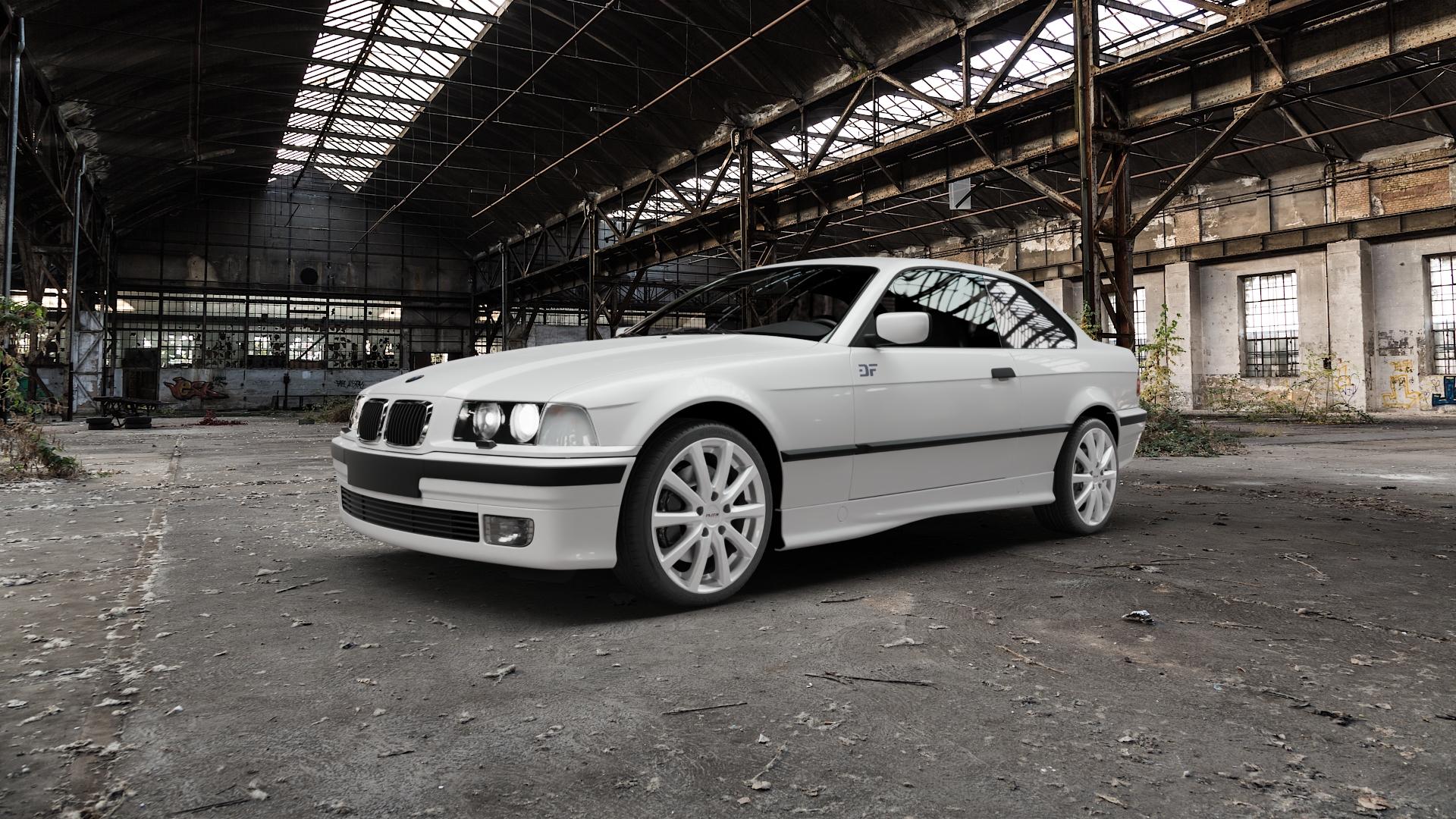 Platin Wheels P 69 polarsilber Felge mit Reifen in 18Zoll Winterfelge Alufelge auf weissem BMW 316i Typ E36 (Compact) 318ti 323ti 318tds (Coupé) 320i 323i 325i 328i 318is 3er Coupé (3/B) Compact (3C, 3/CG) 8er E31 (8/E, M8/E) ⬇️ mit 15mm Tieferlegung ⬇️ Old Industrial Hall_max5000mm_2022 Frontansicht_1